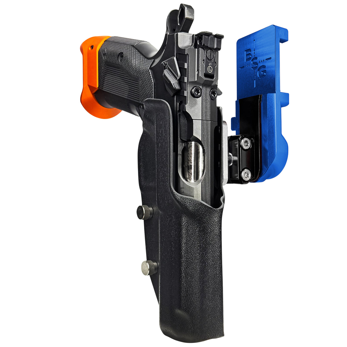 CZ Tactical Sport 3 Orange IPSC/USPSA Quick Mount Ball Joint Holster with Blue Belt Attachment, Black Holster Shell