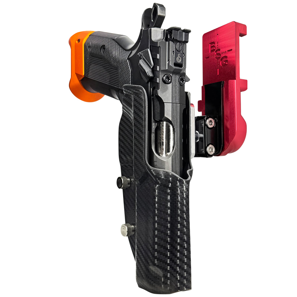 CZ Tactical Sport 3 Orange IPSC/USPSA Quick Mount Ball Joint Holster with Red Belt Attachment, Carbon Fiber Holster Shell