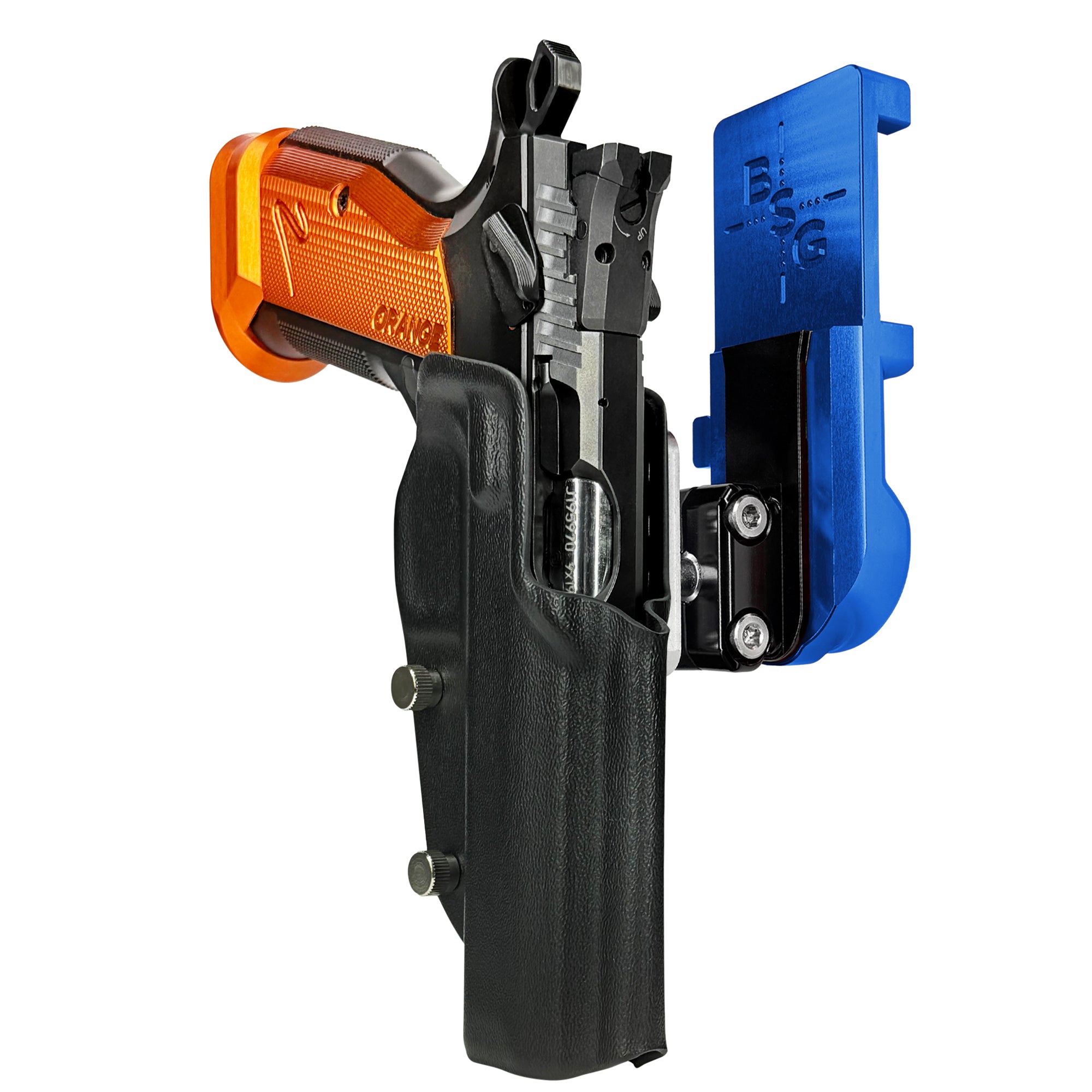 CZ TS2 Orange IPSC/USPA Quick Mount Ball Joint Holster with Blue Belt Attachment, Black Holster Shell