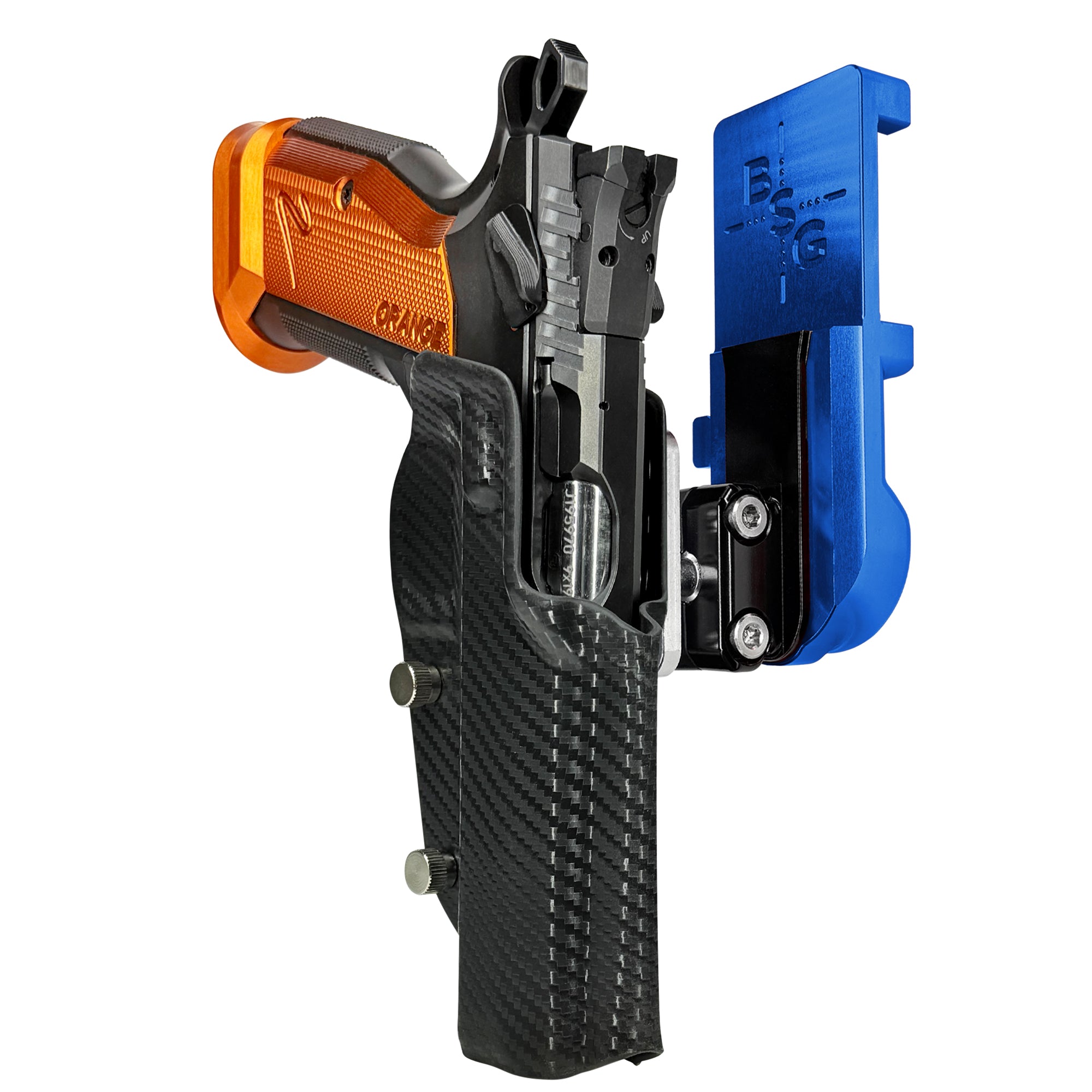 CZ TS2 Orange IPSC/USPA Quick Mount Ball Joint Holster with Blue Belt Attachment, Carbon Fiber Holster Shell