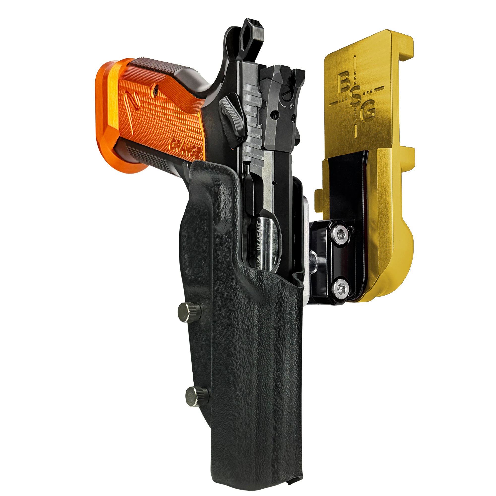 CZ TS2 Orange IPSC/USPA Quick Mount Ball Joint Holster with 24K Gold Belt Attachment, Black Holster Shell