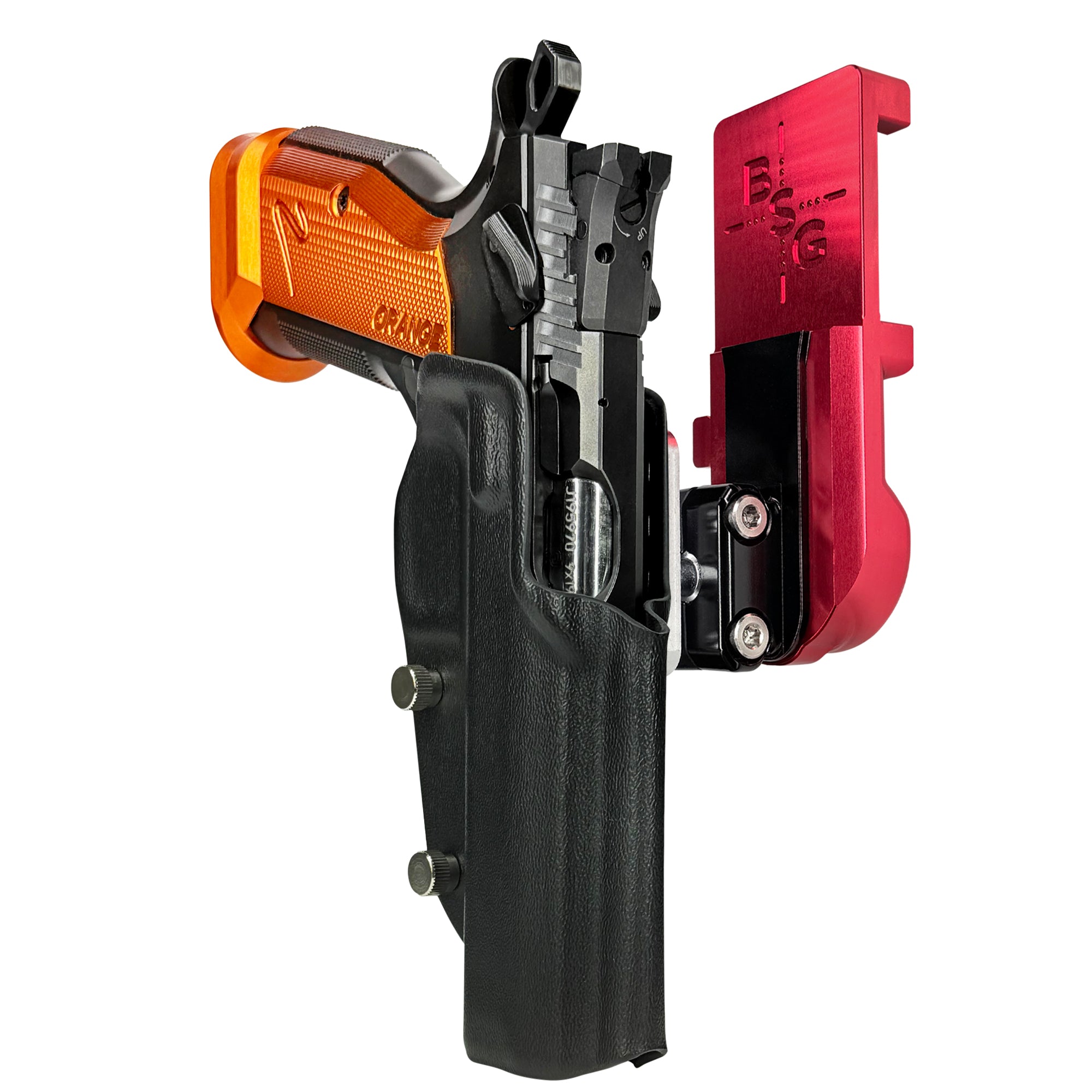 CZ TS2 Orange IPSC/USPA Quick Mount Ball Joint Holster with Red Belt Attachment, Black Holster Shell