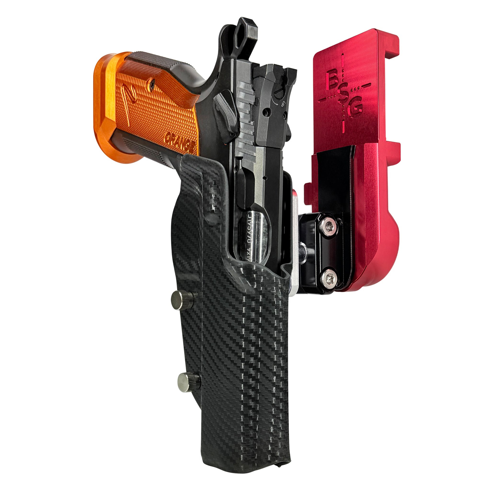CZ TS2 Orange IPSC/USPA Quick Mount Ball Joint Holster with Red Belt Attachment, Carbon Fiber Holster Shell