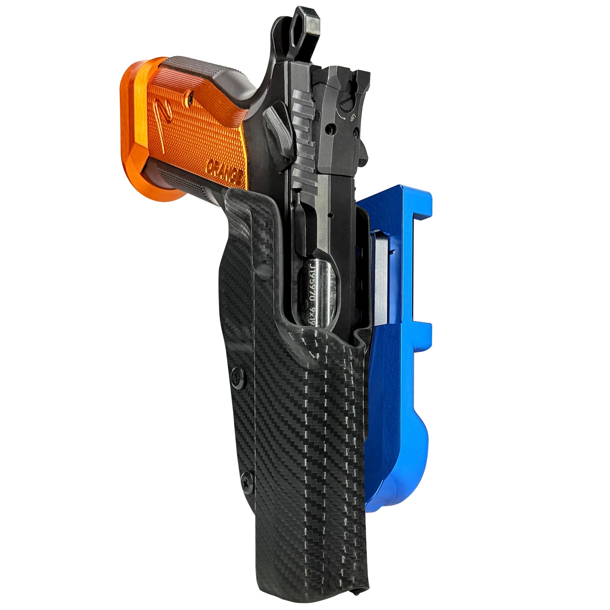 CZ TS2 Orange IDPA Quick Mount Holster with Blue Belt Attachment, Carbon Fiber Holster Shell