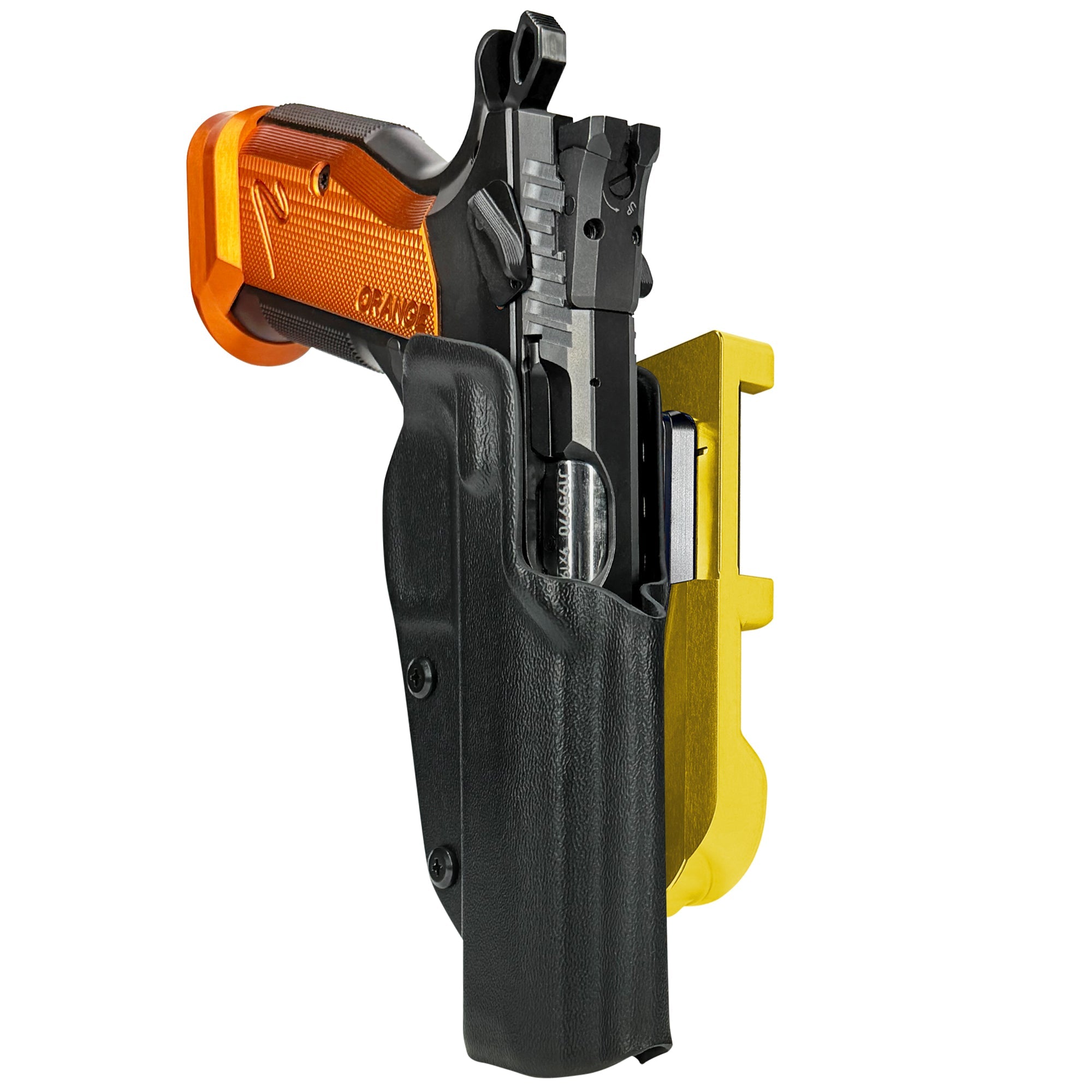 CZ TS2 Orange IDPA Quick Mount Holster with 24K Gold Belt Attachment, Black Holster Shell