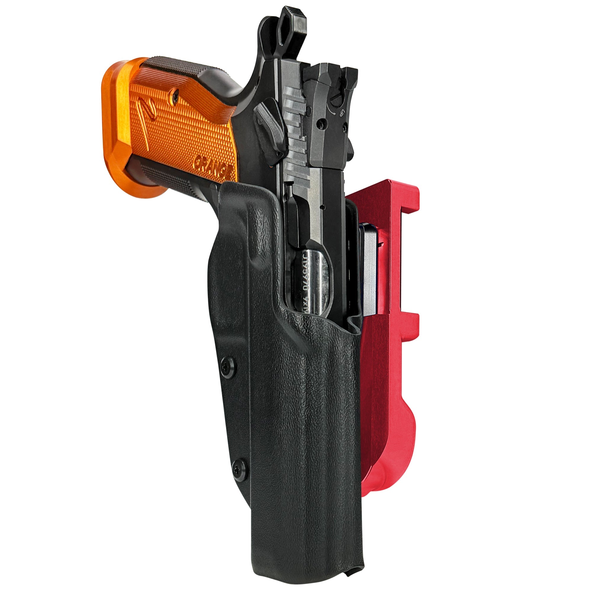 CZ TS2 Orange IDPA Quick Mount Holster with Red Belt Attachment, Black Holster Shell