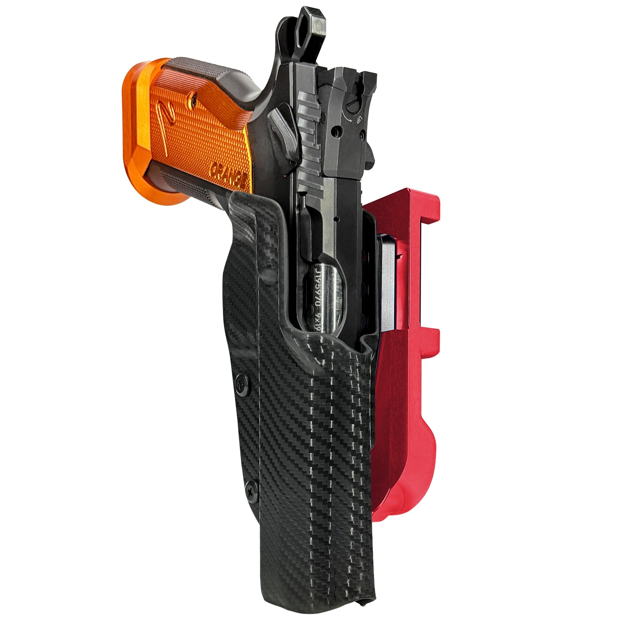 CZ TS2 Orange IDPA Quick Mount Holster with Red Belt Attachment, Carbon Fiber Holster Shell