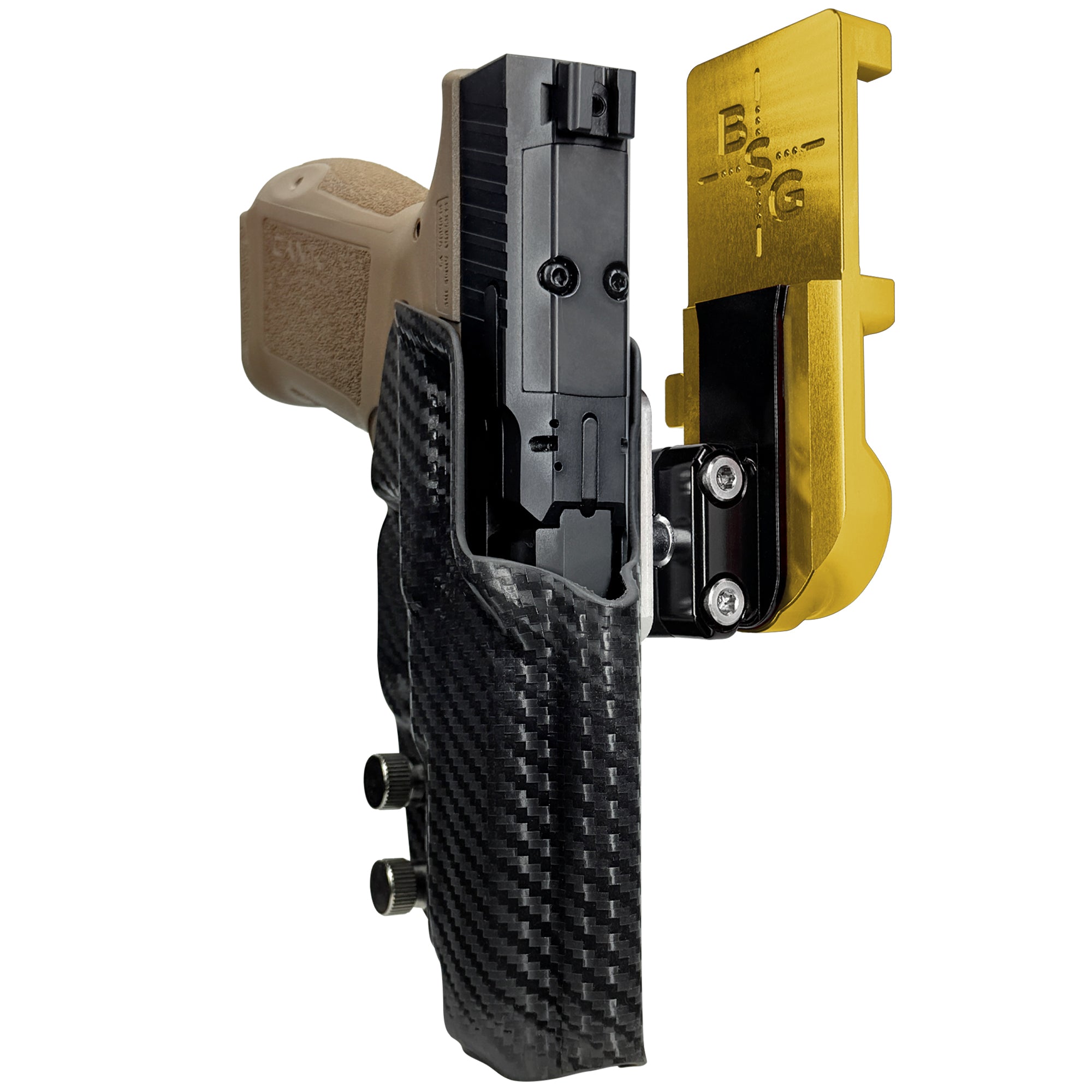 Canik METE MC9LS IPSC/USPA Quick Mount Ball Joint Holster with 24K Gold Belt Attachment, Carbon Fiber Holster Shell