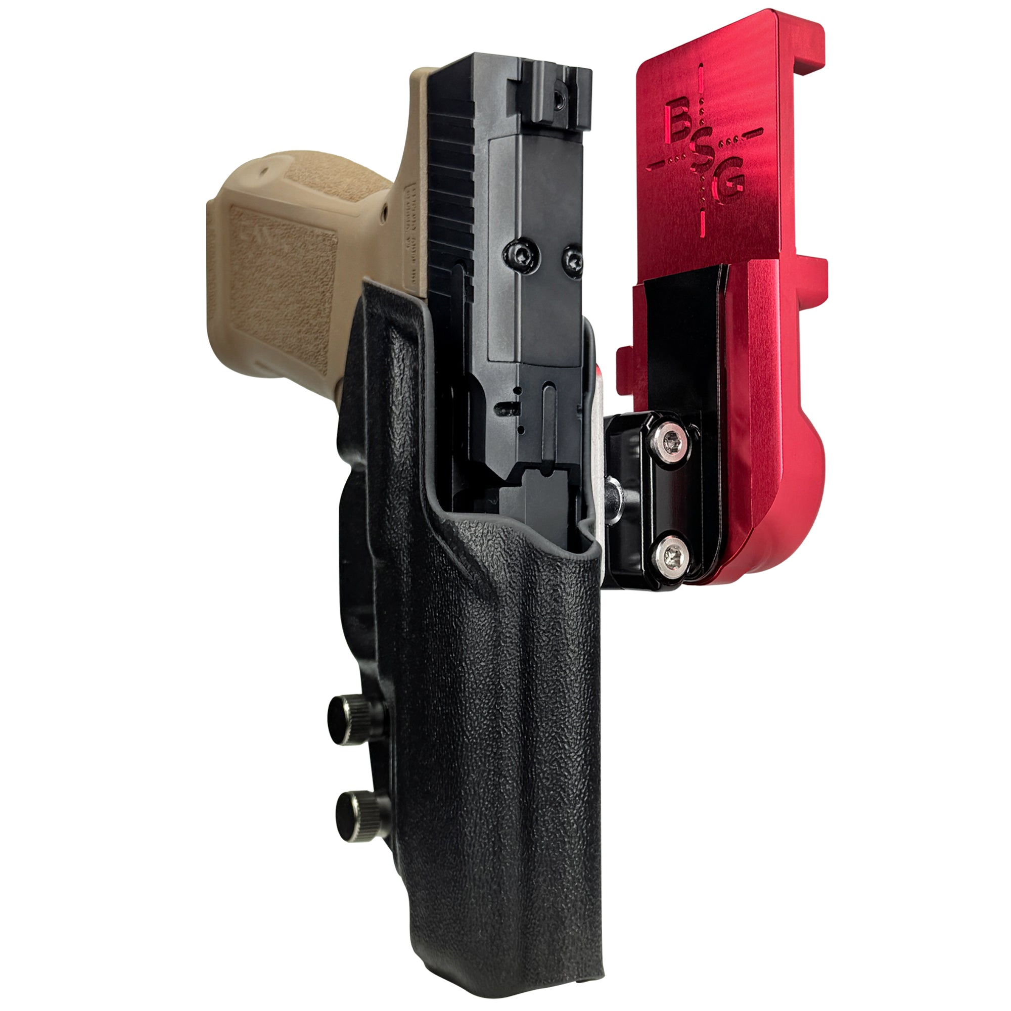 Canik METE MC9LS IPSC/USPA Quick Mount Ball Joint Holster with Red Belt Attachment, Black Holster Shell