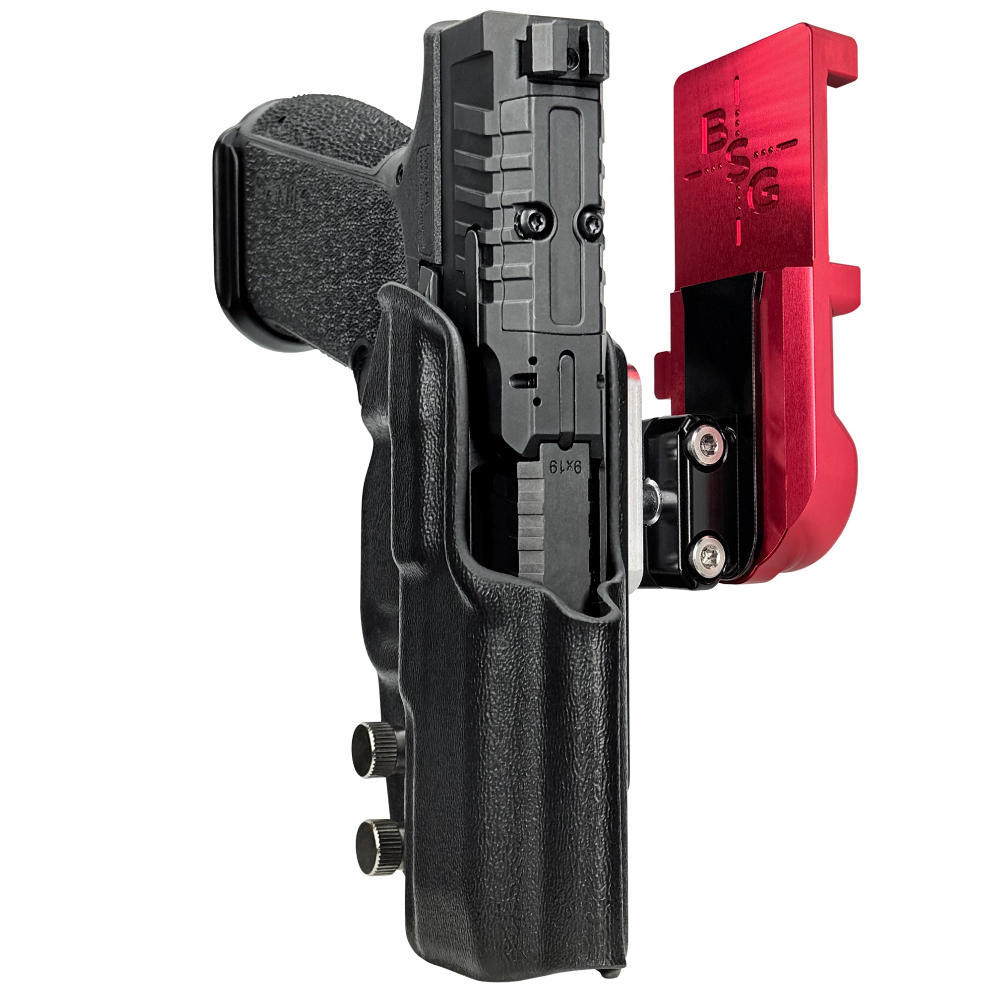 Canik MC9 PRIME IPSC/USPA Quick Mount Ball Joint Holster with Red Belt Attachment, Black Holster Shell