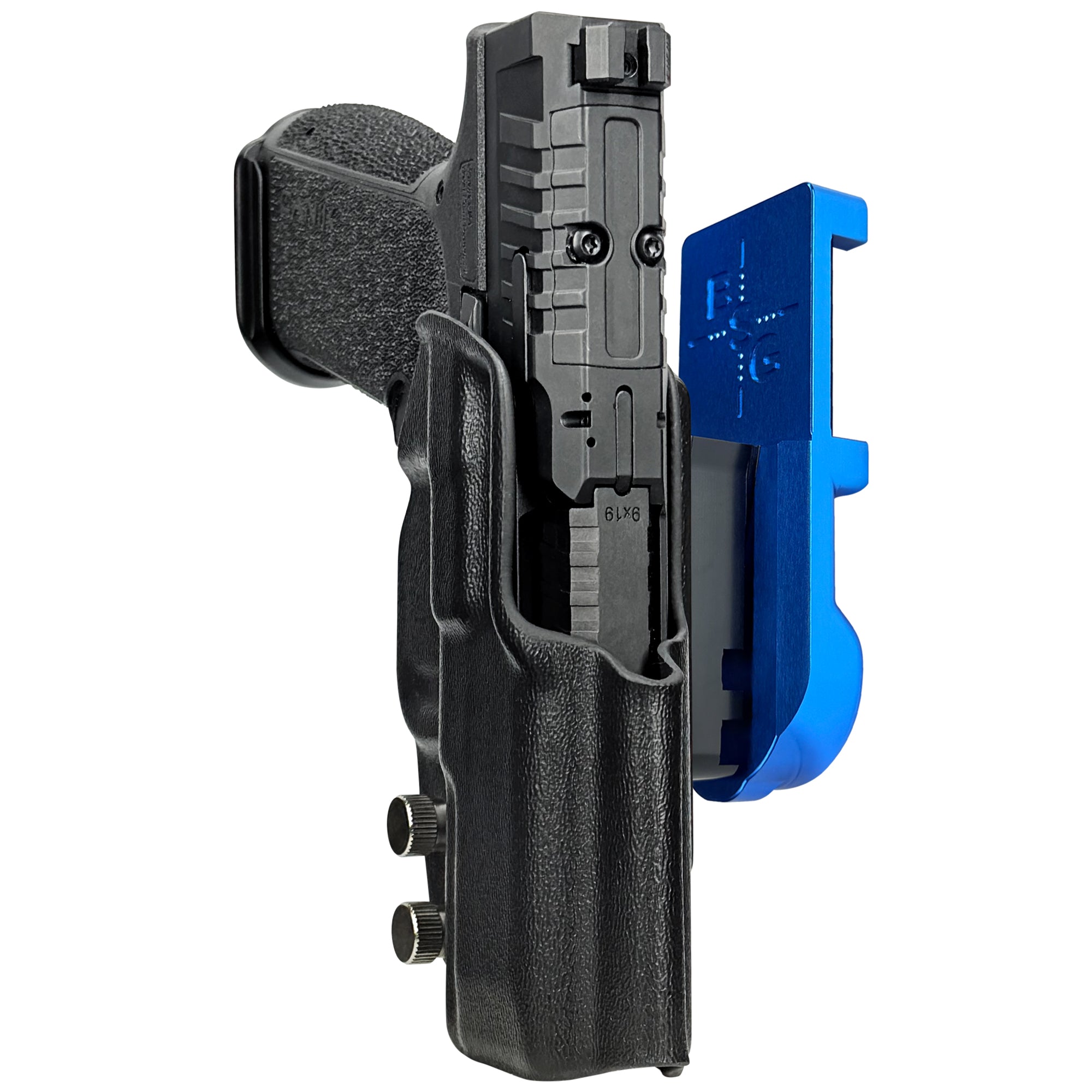 Canik MC9 PRIME IPSC/USPA Quick Mount Holster with Blue Belt Attachment, Black Holster Shell