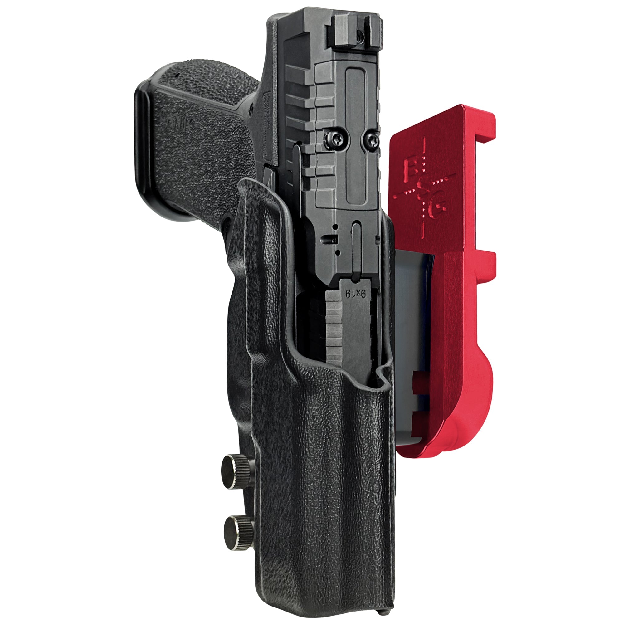 Canik MC9 PRIME IPSC/USPA Quick Mount Holster with Red Belt Attachment, Black Holster Shell
