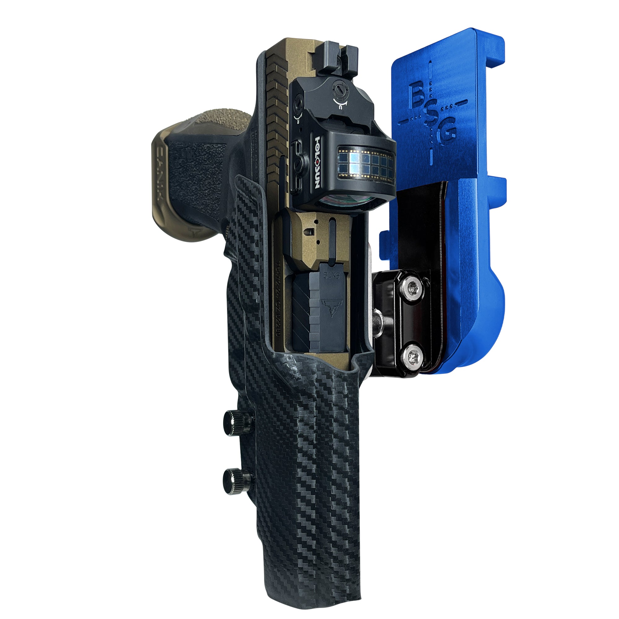 Canik TTI Combat IPSC/USPA Quick Mount Ball Joint Holster with Blue Belt Attachment, Carbon Fiber Holster Shell