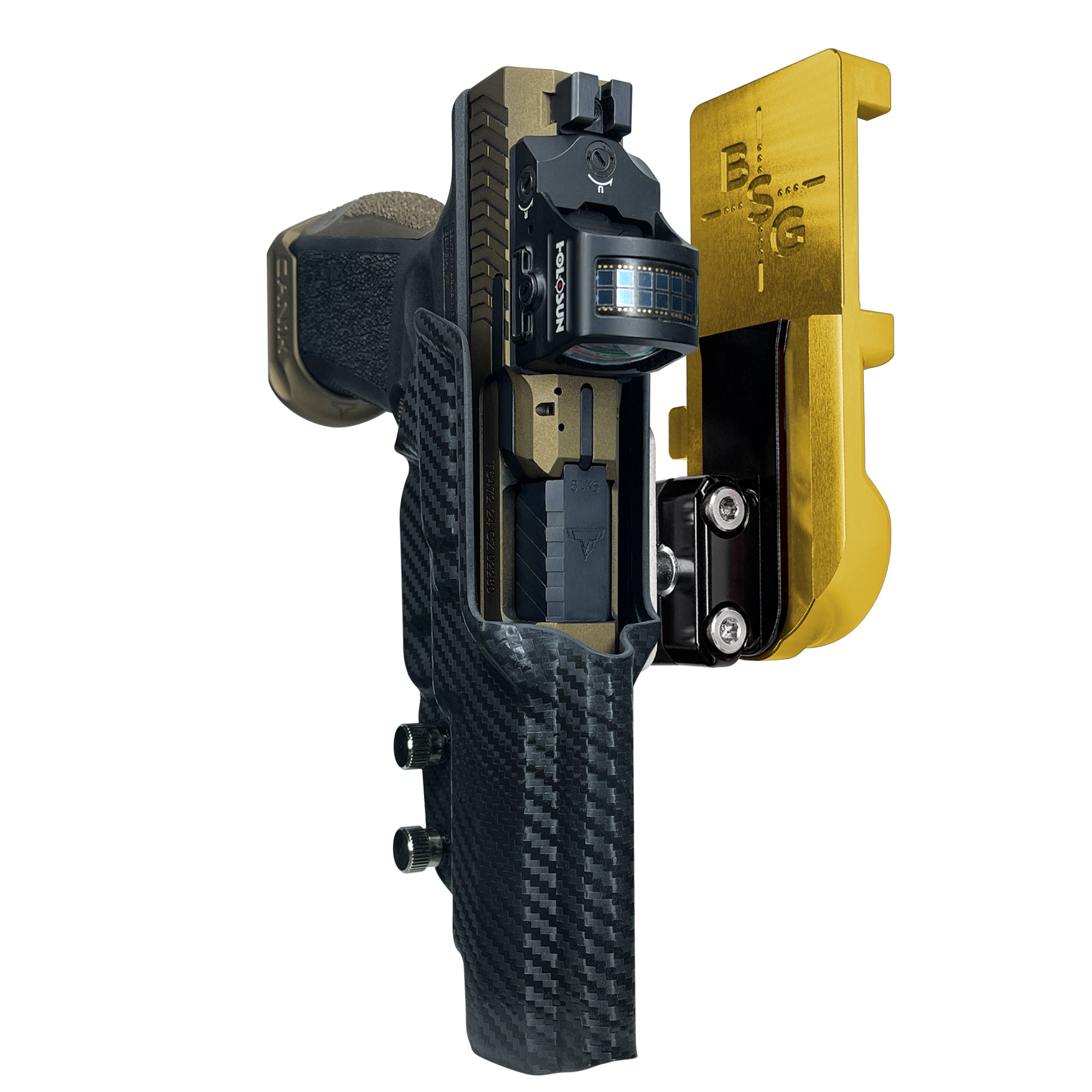 Canik TTI Combat IPSC/USPA Quick Mount Ball Joint Holster with 24K Gold Belt Attachment, Carbon Fiber Holster Shell