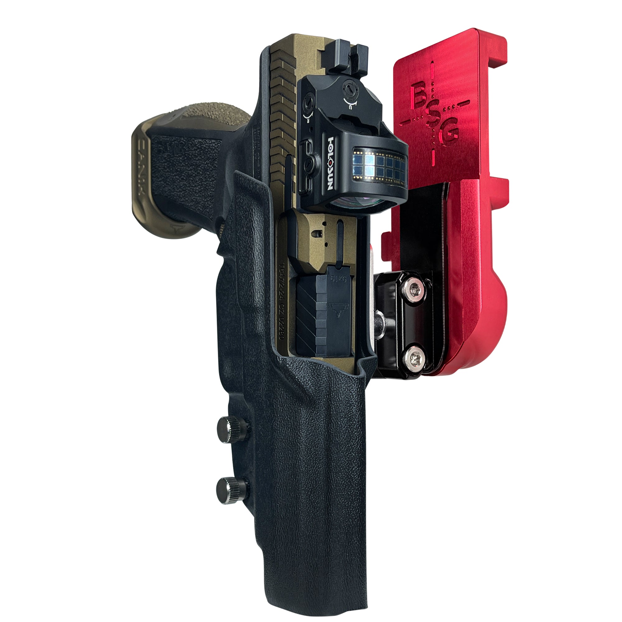 Canik TTI Combat IPSC/USPA Quick Mount Ball Joint Holster with Red Belt Attachment, Black Holster Shell