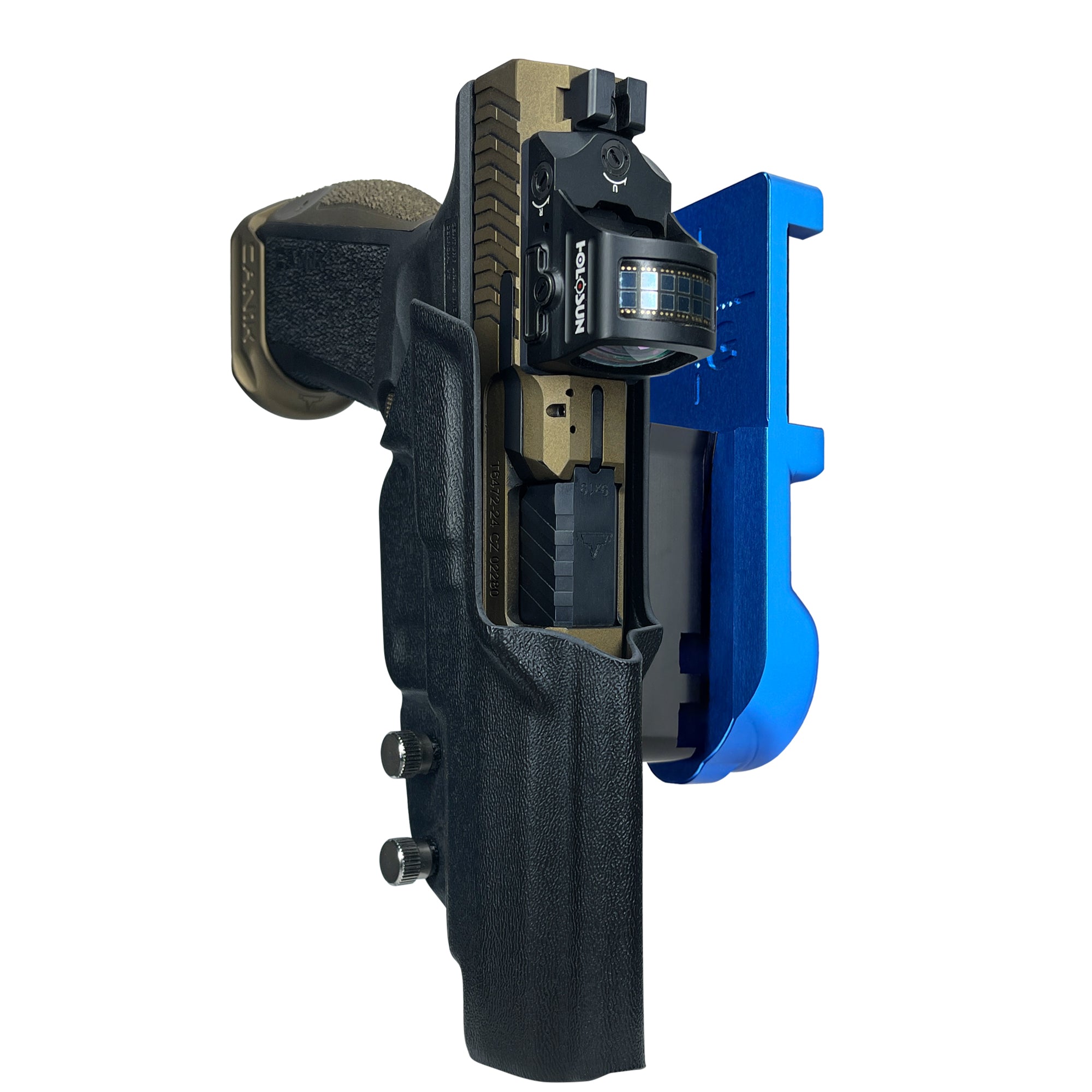 Canik TTI Combat IPSC/USPA Quick Mount Holster with Blue Belt Attachment, Black Holster Shell