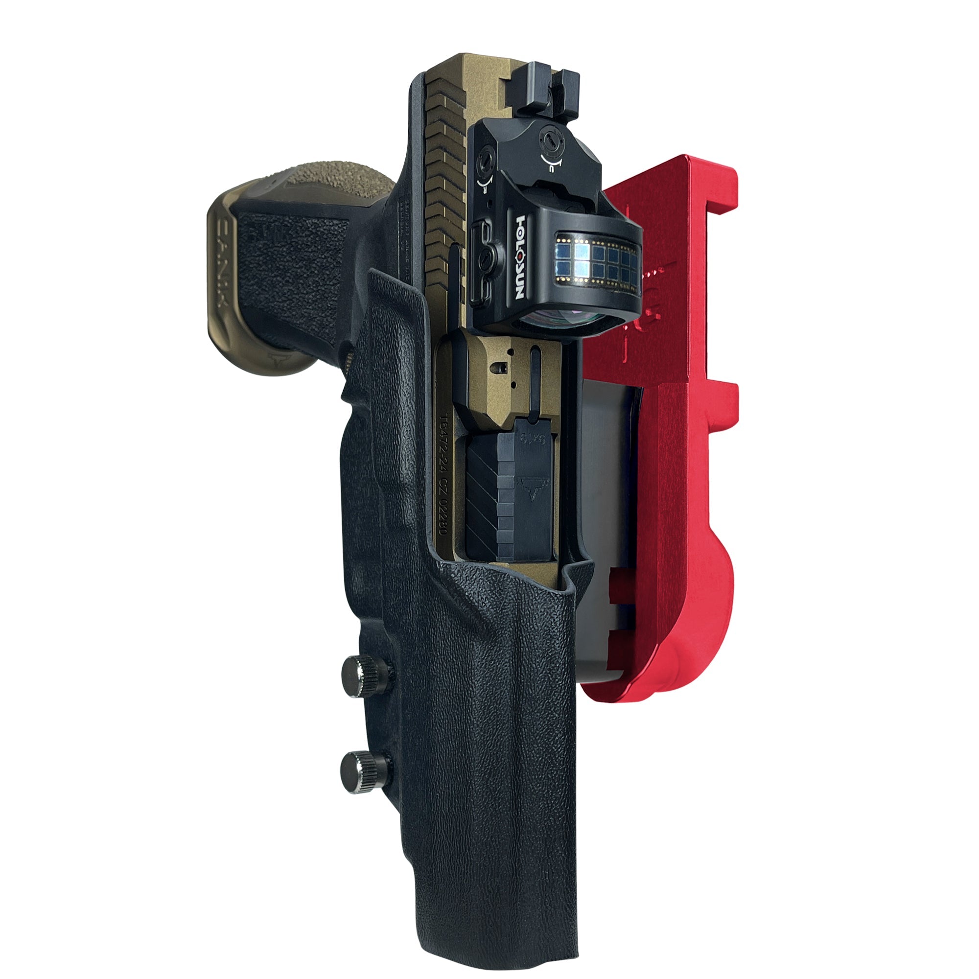 Canik TTI Combat IPSC/USPA Quick Mount Holster with Red Belt Attachment, Black Holster Shell