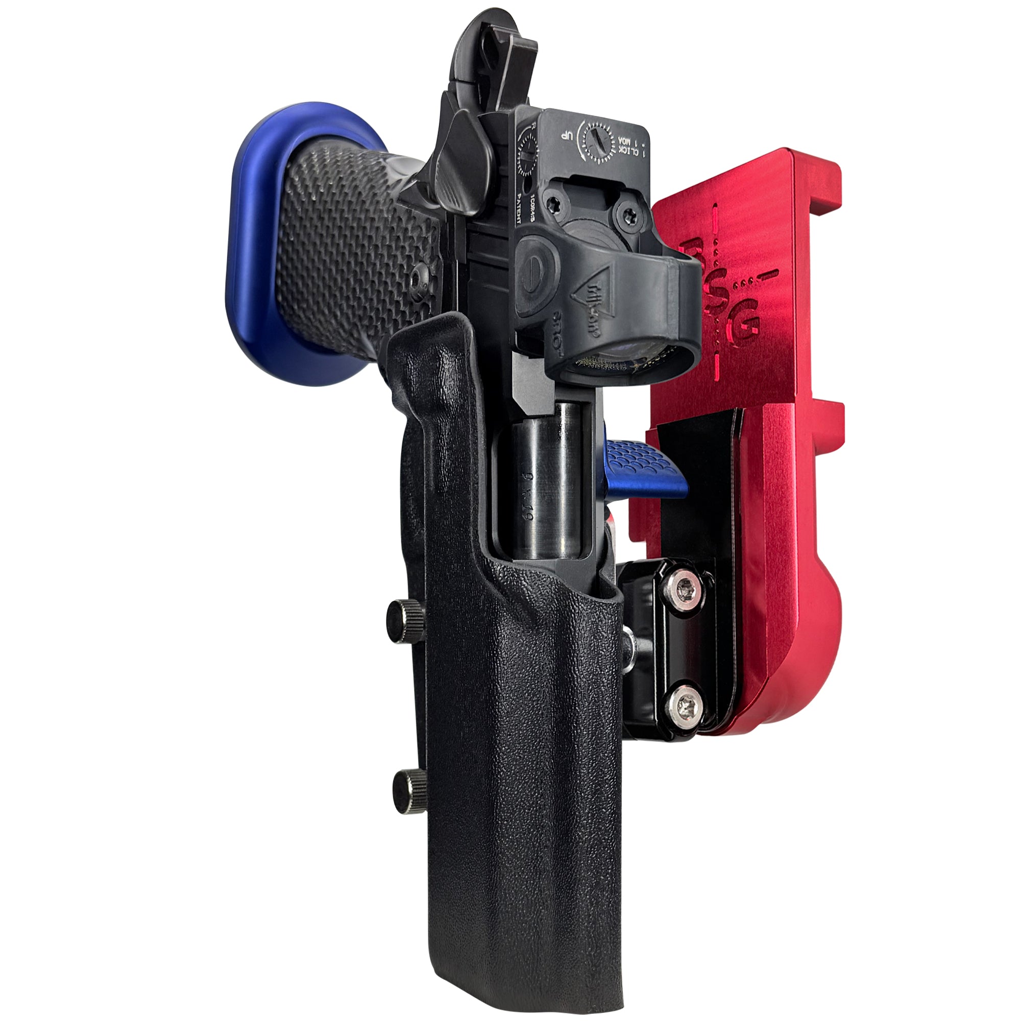 MPA DS9 LOC V2 IPSC/USPA Quick Mount Ball Joint Holster with Red Belt Attachment, Black Holster Shell