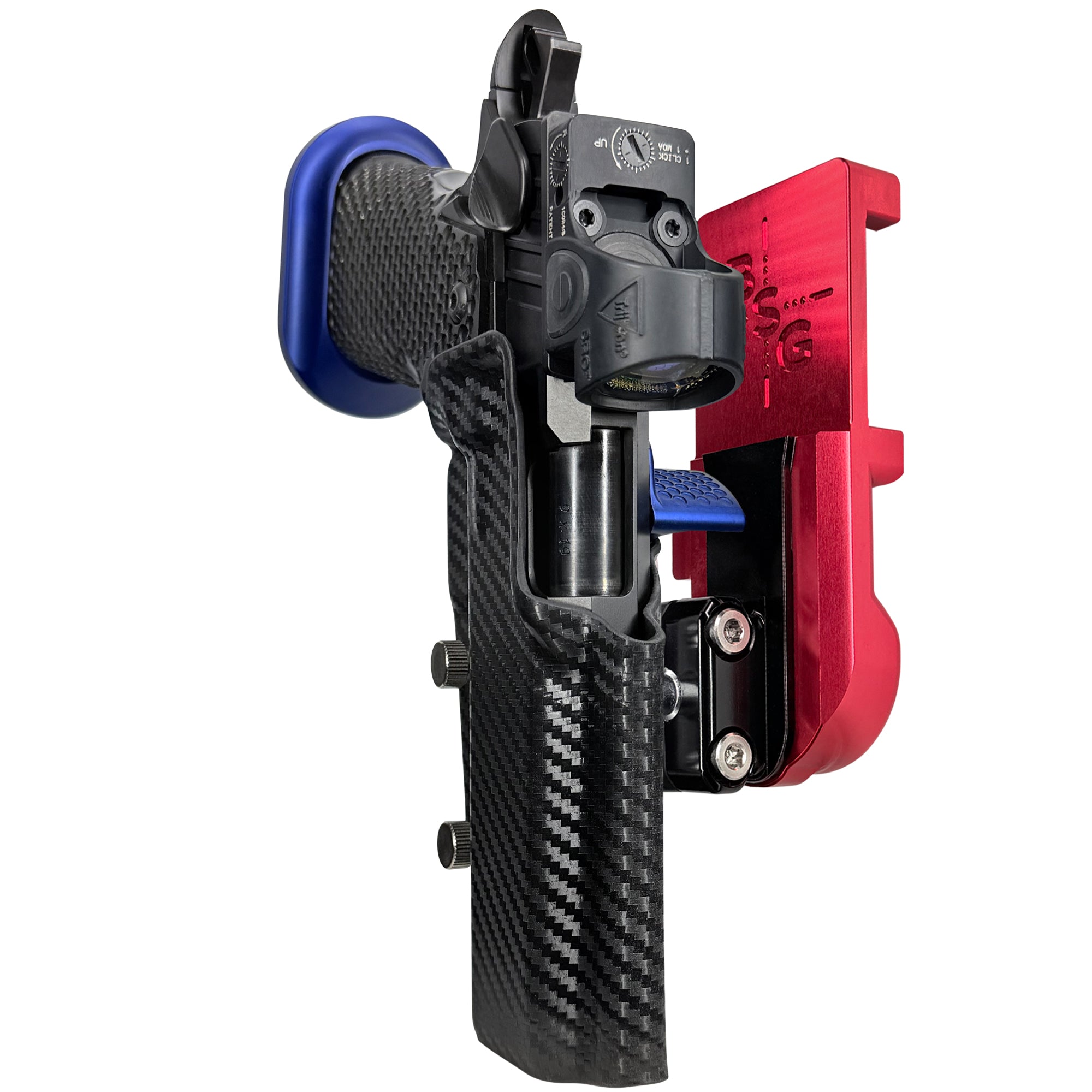 MPA DS9 LOC V2 IPSC/USPA Quick Mount Ball Joint Holster with Red Belt Attachment, Carbon Fiber Holster Shell