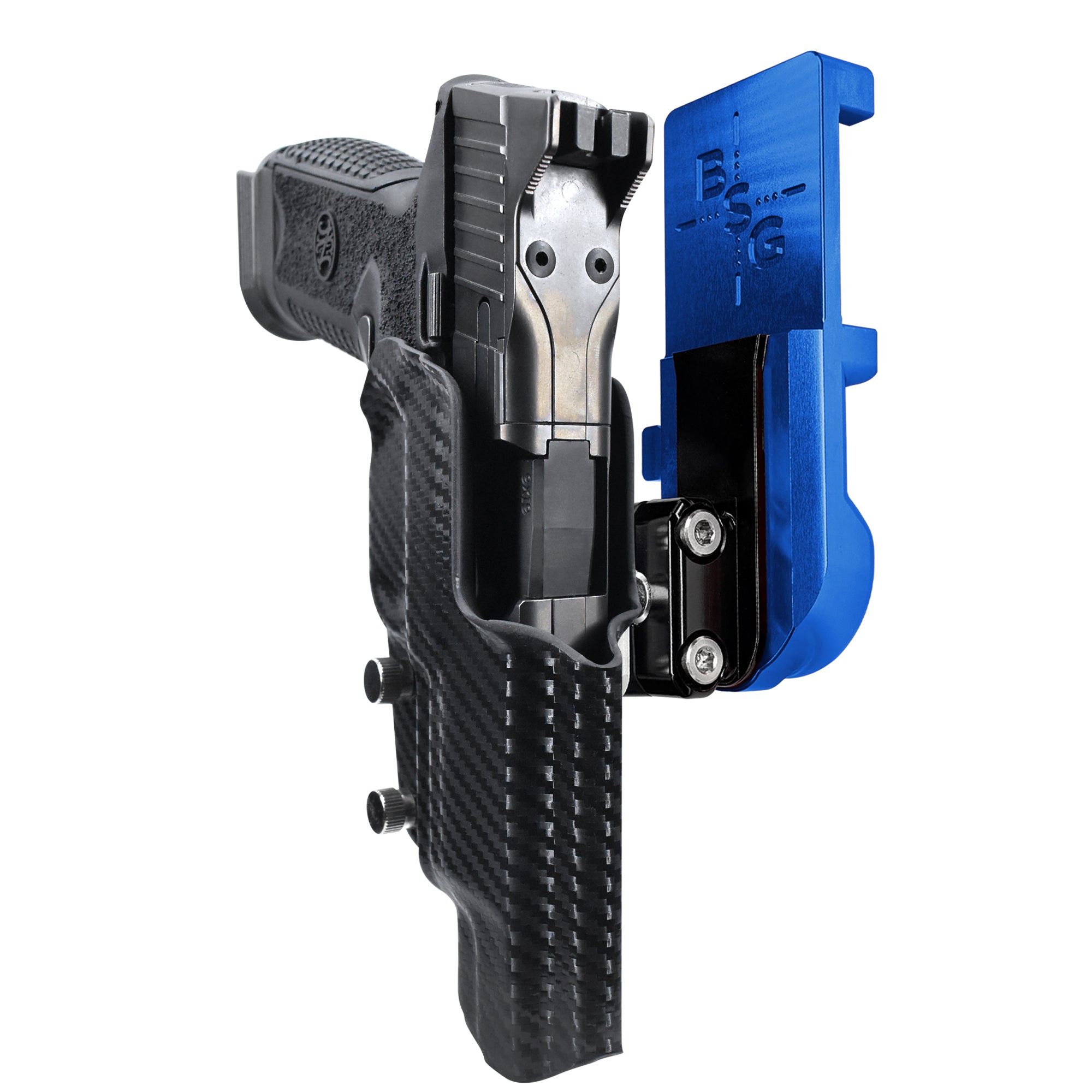 FN 509 LS Edge IPSC/USPA Quick Mount Ball Joint Holster with Blue Belt Attachment, Carbon Fiber Holster Shell