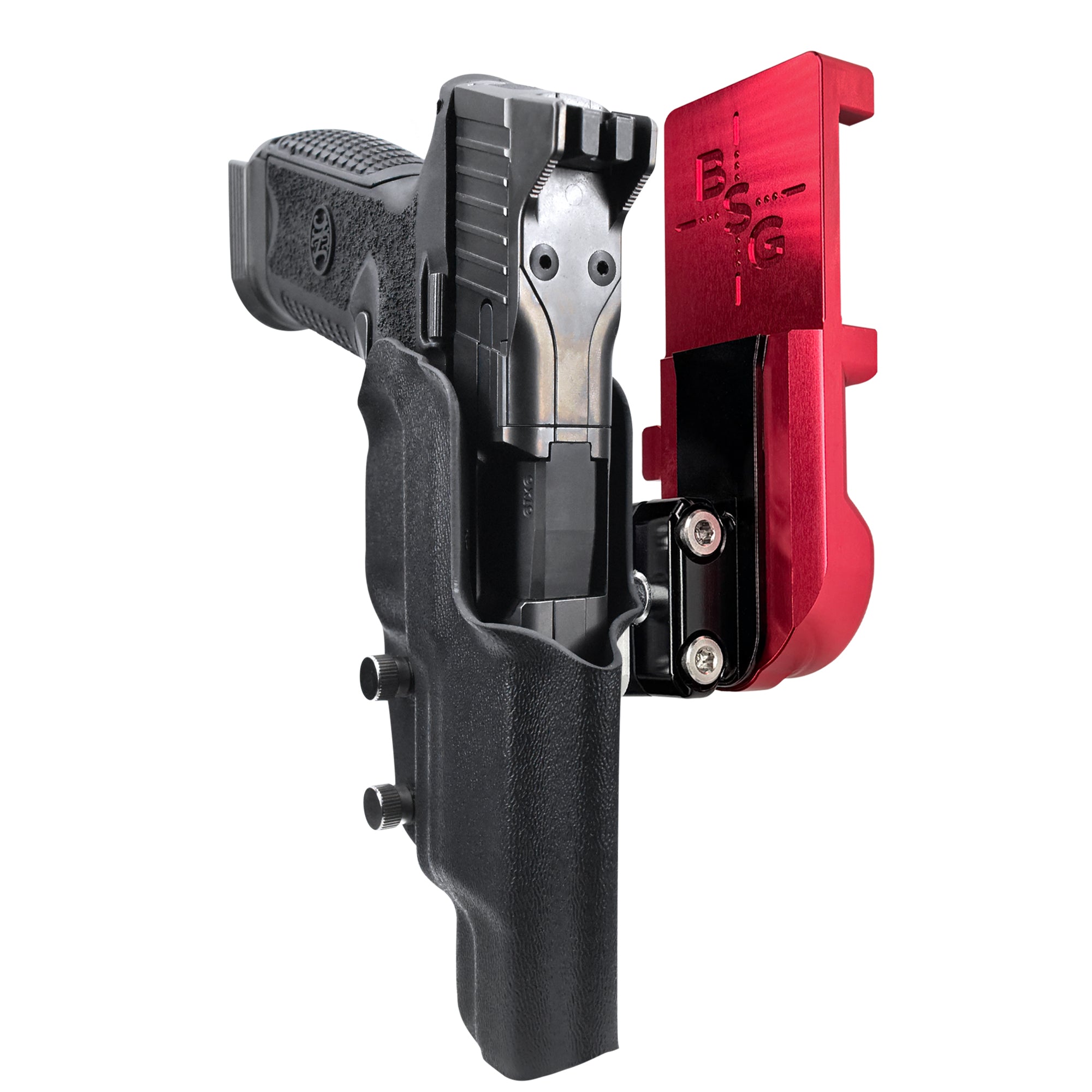 FN 509 LS Edge IPSC/USPA Quick Mount Ball Joint Holster with Red Belt Attachment, Black Holster Shell