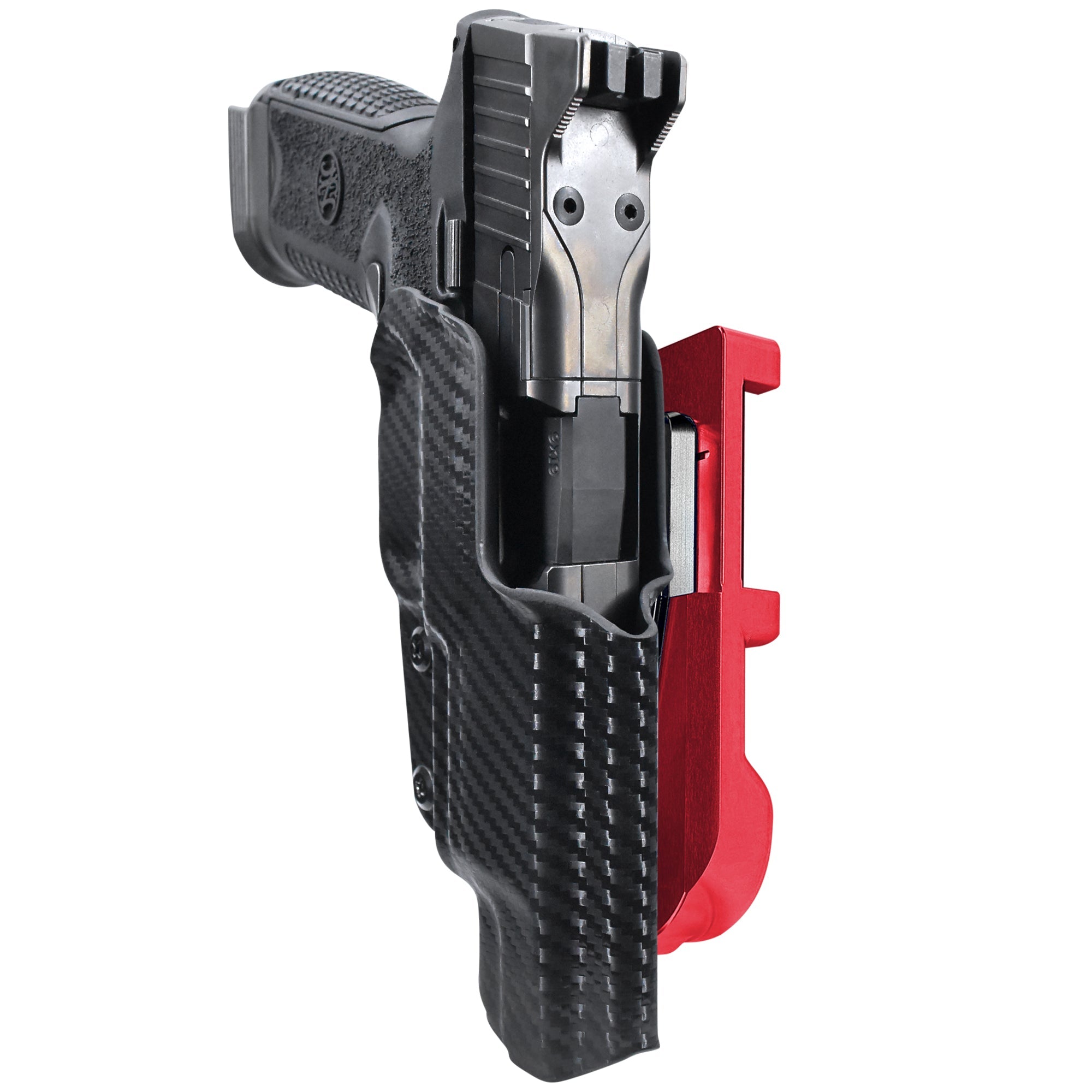 FN 509 LS Edge IDPA Quick Mount Holster with Red Belt Attachment, Carbon Fiber Holster Shell