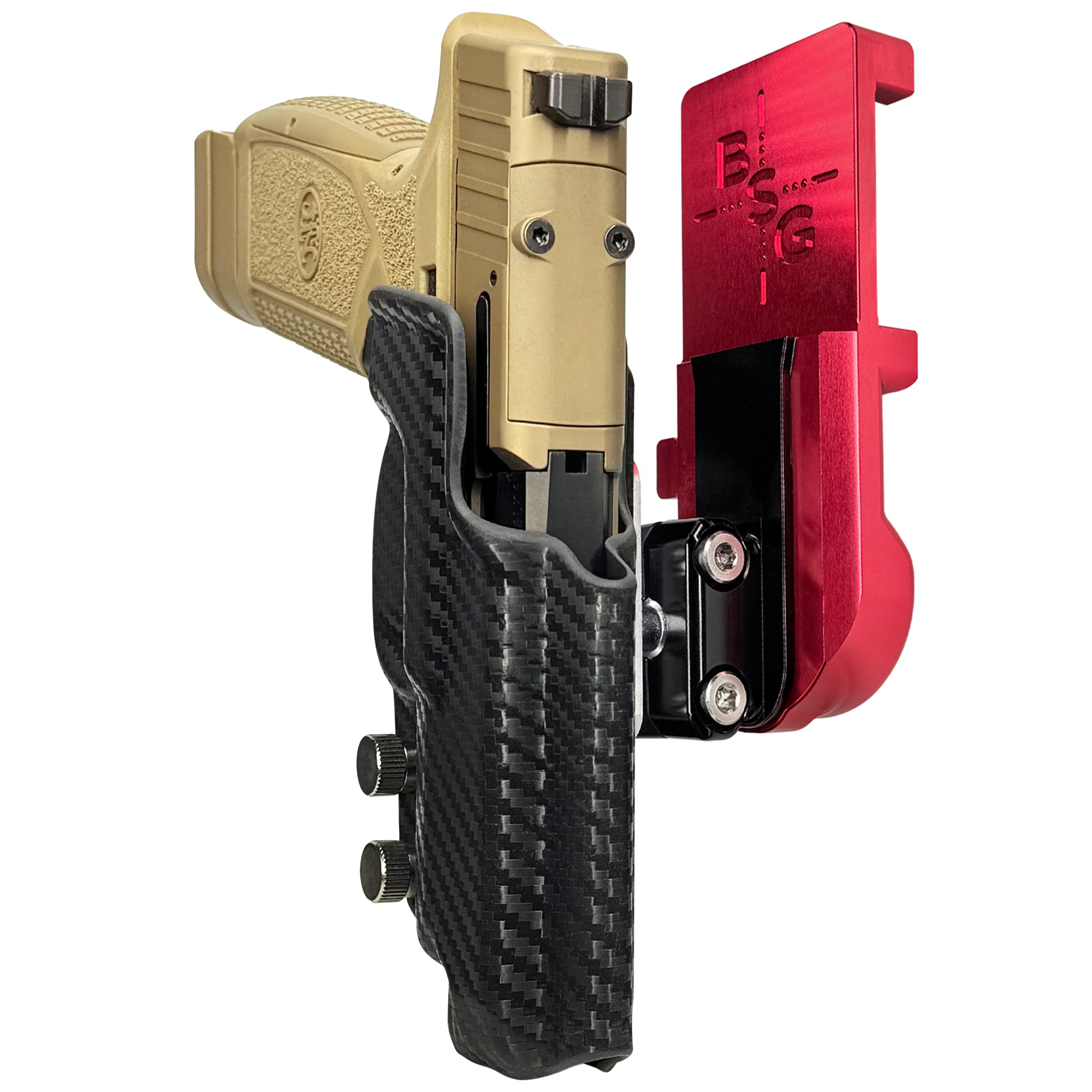 FN Reflex XL IPSC/USPA Quick Mount Ball Joint Holster with Red Belt Attachment, Carbon Fiber Holster Shell