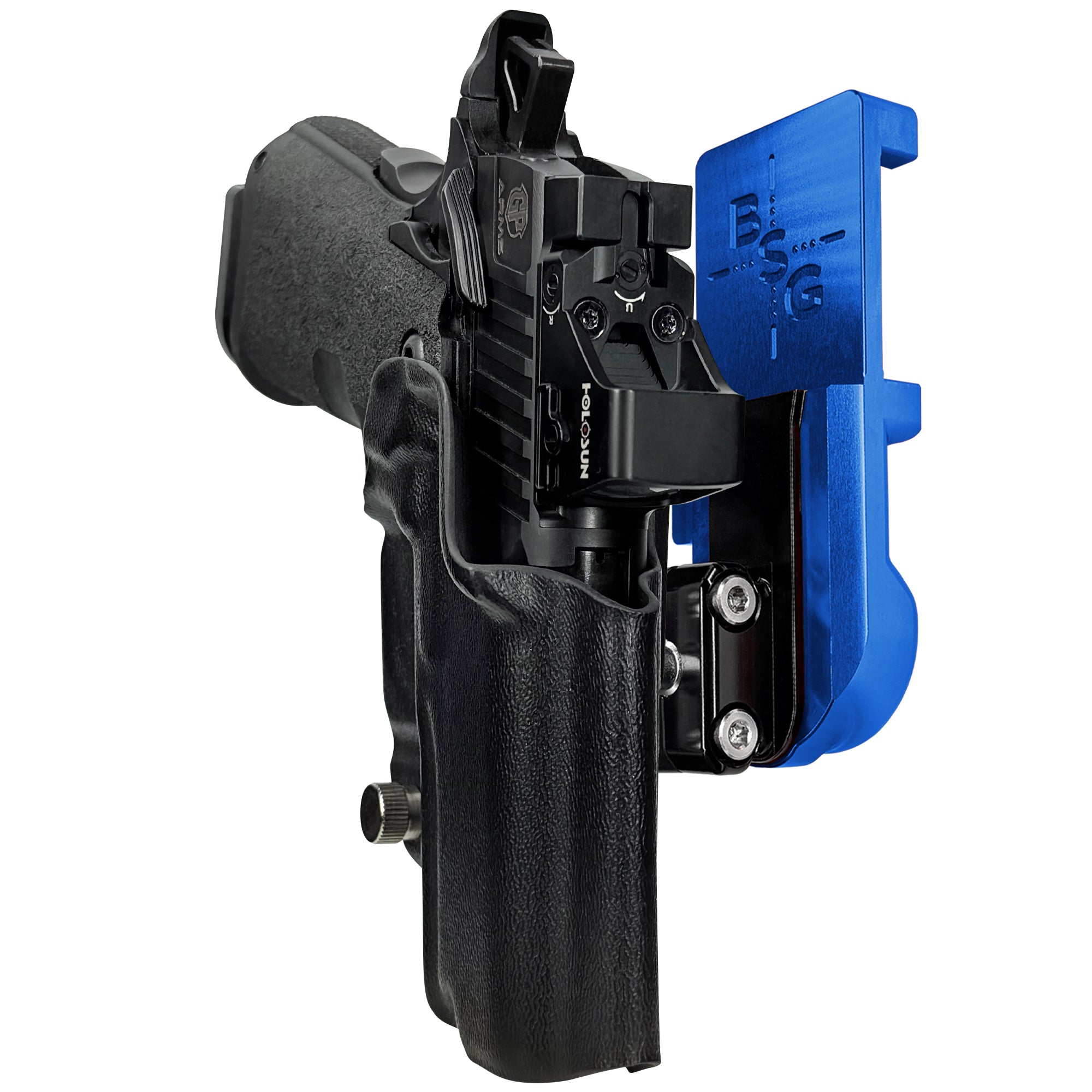 GP Arms Forza 3.1 IPSC/USPA Quick Mount Ball Joint Holster with Blue Belt Attachment, Black Holster Shell