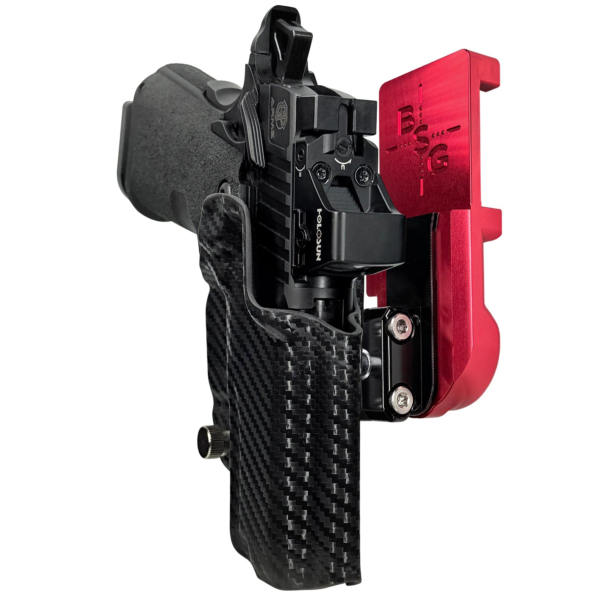 GP Arms Forza 3.1 IPSC/USPA Quick Mount Ball Joint Holster with Red Belt Attachment, Carbon Fiber Holster Shell