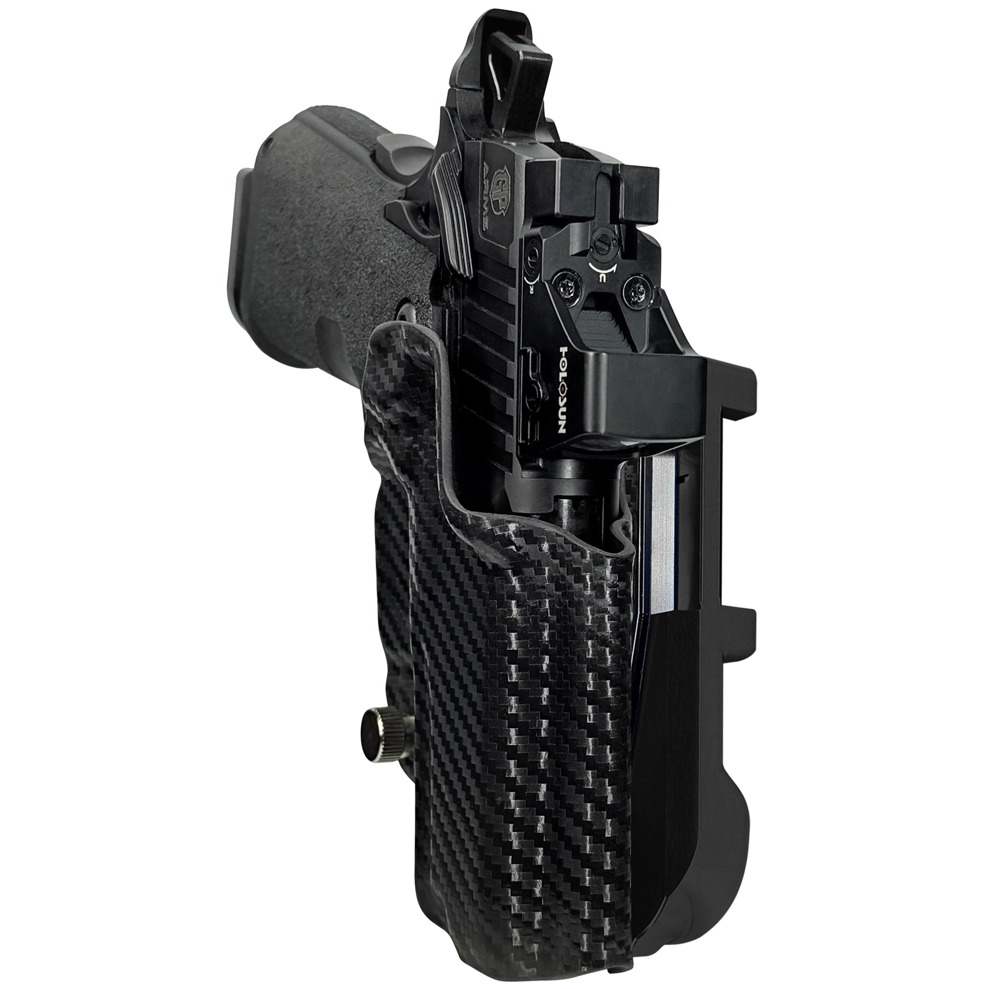 GP Arms Forza 3.1 IDPA Quick Mount Holster with Black Belt Attachment, Carbon Fiber Holster Shell