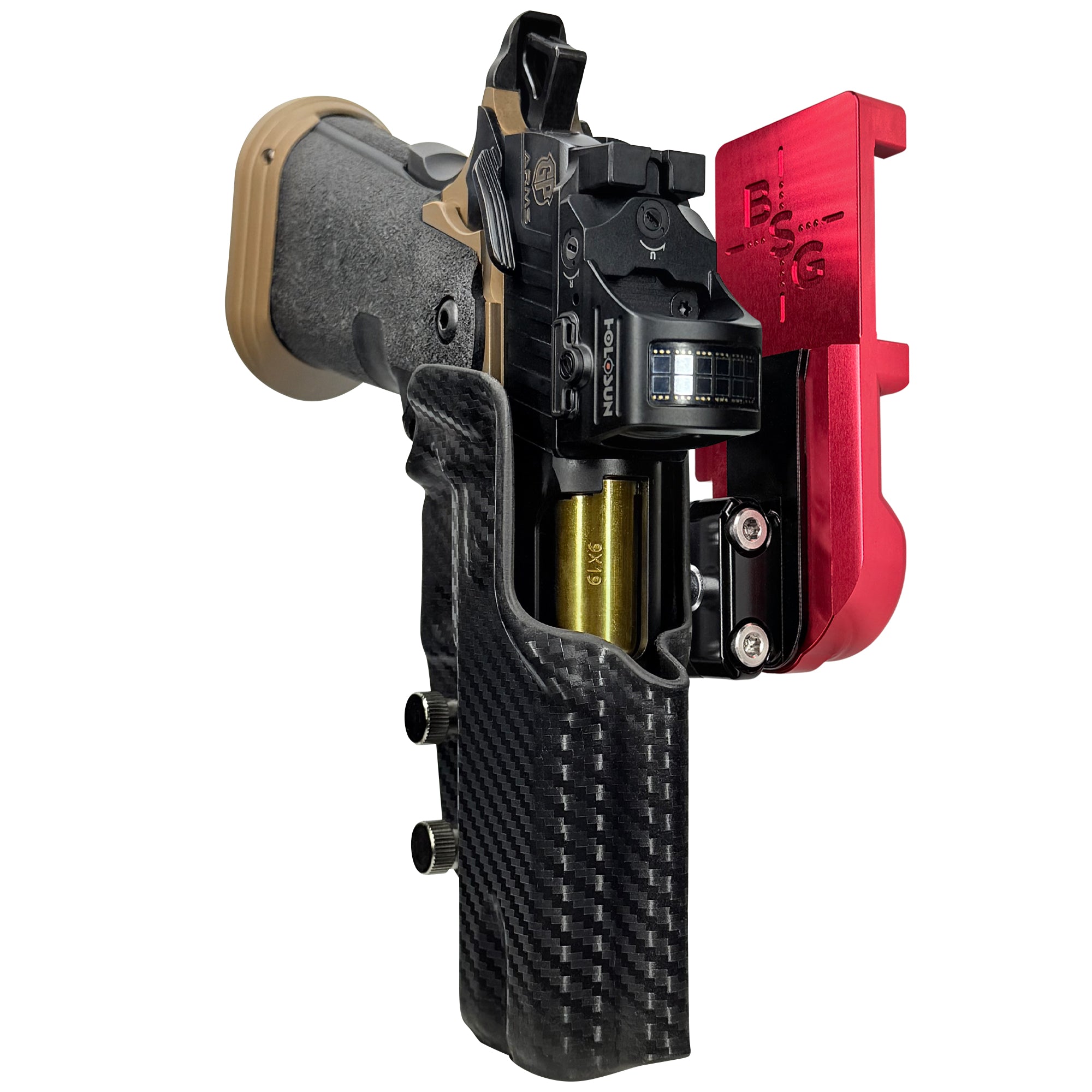 GP Arms Patriot IPSC/USPA Quick Mount Ball Joint Holster with Red Belt Attachment, Carbon Fiber Holster Shell
