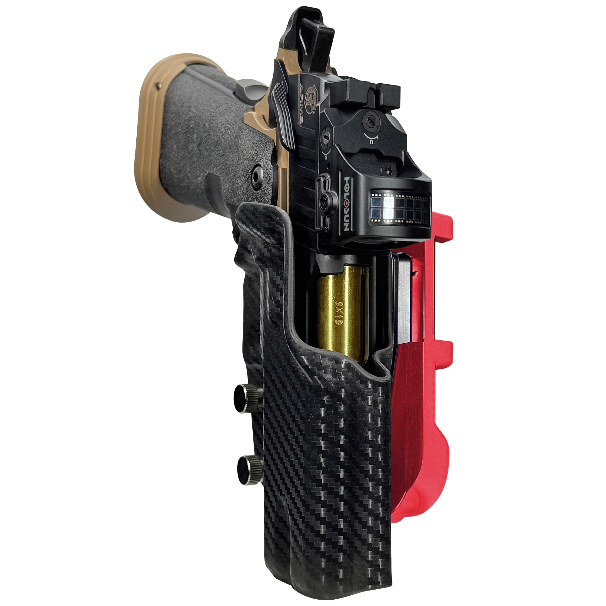 GP Arms Patriot IDPA Quick Mount Holster with Red Belt Attachment, Carbon Fiber Holster Shell