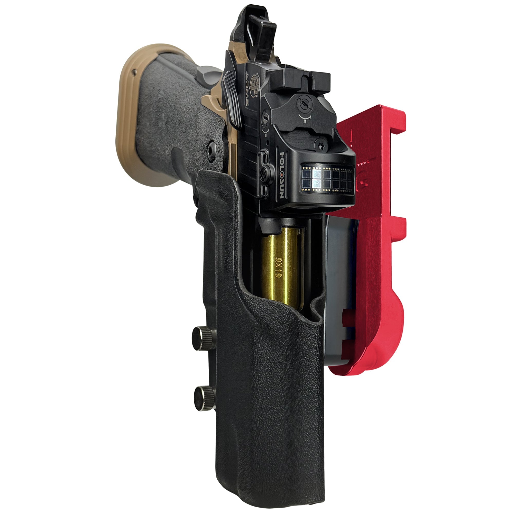 GP Arms Patriot IPSC/USPA Quick Mount Holster with Red Belt Attachment, Black Holster Shell