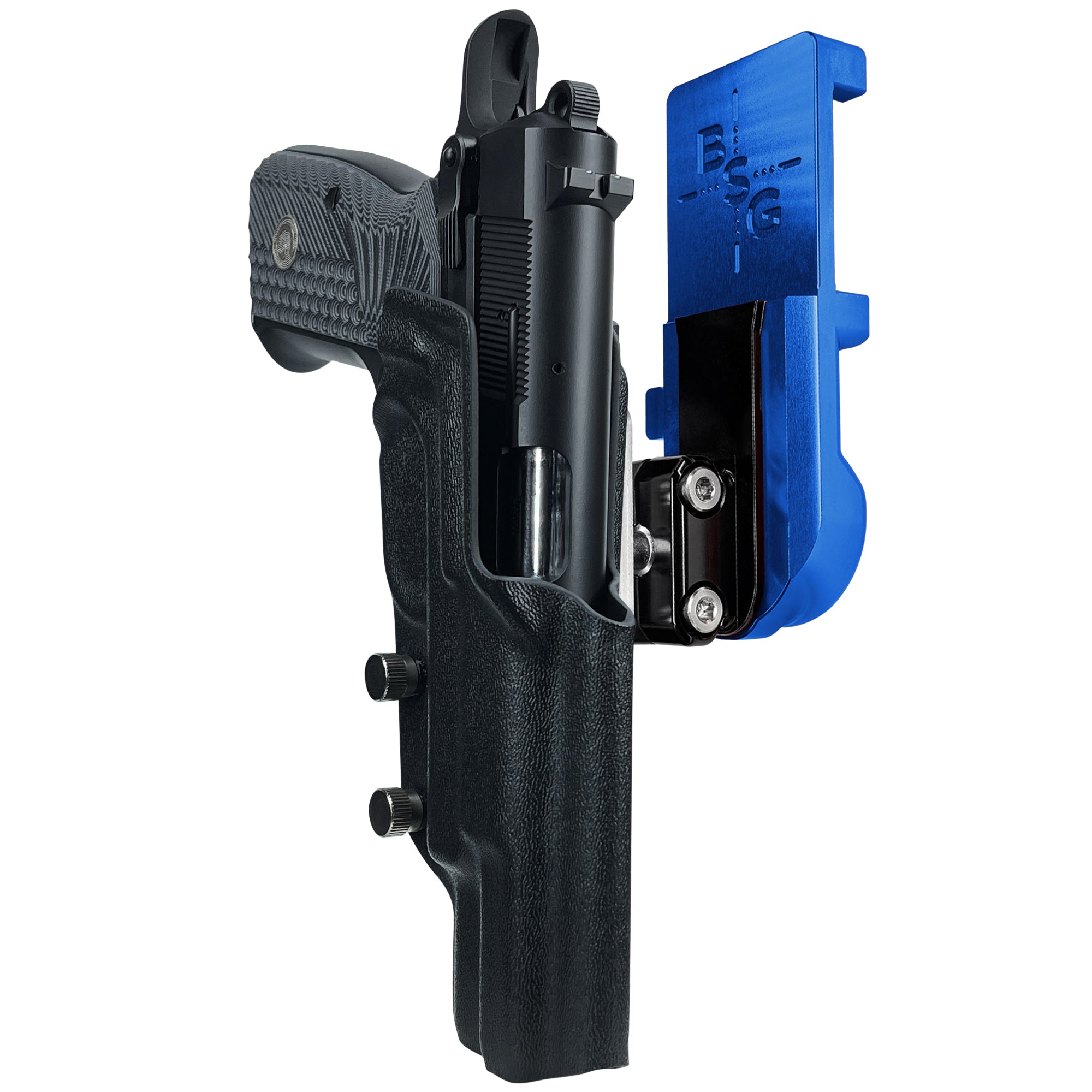 Girsan MC P35 IPSC/USPA Quick Mount Ball Joint Holster with Blue Belt Attachment, Black Holster Shell