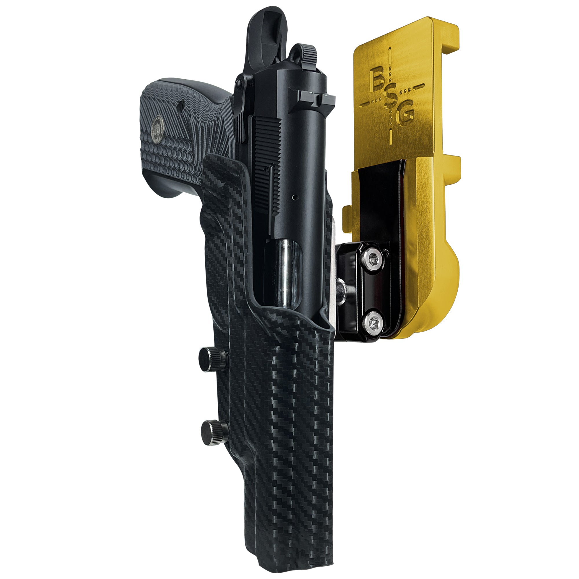 Girsan MC P35 IPSC/USPA Quick Mount Ball Joint Holster with 24K Gold Belt Attachment, Carbon Fiber Holster Shell