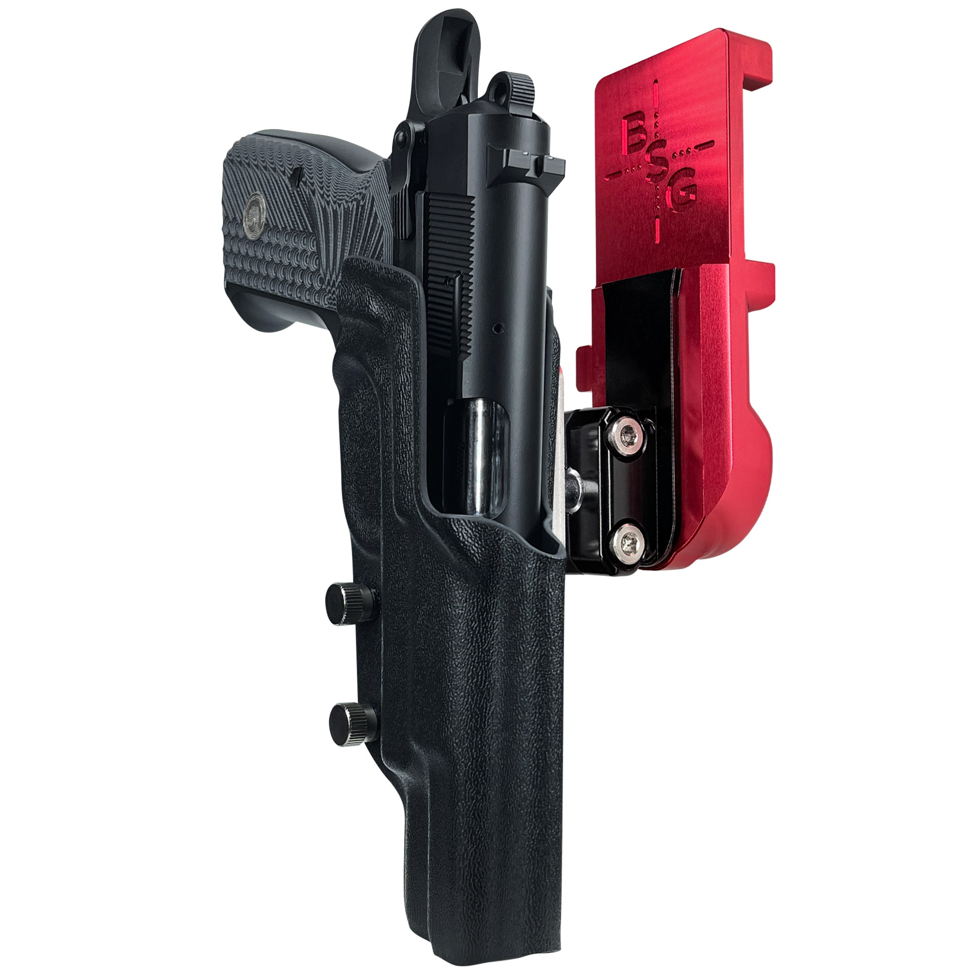 Girsan MC P35 IPSC/USPA Quick Mount Ball Joint Holster with Red Belt Attachment, Black Holster Shell