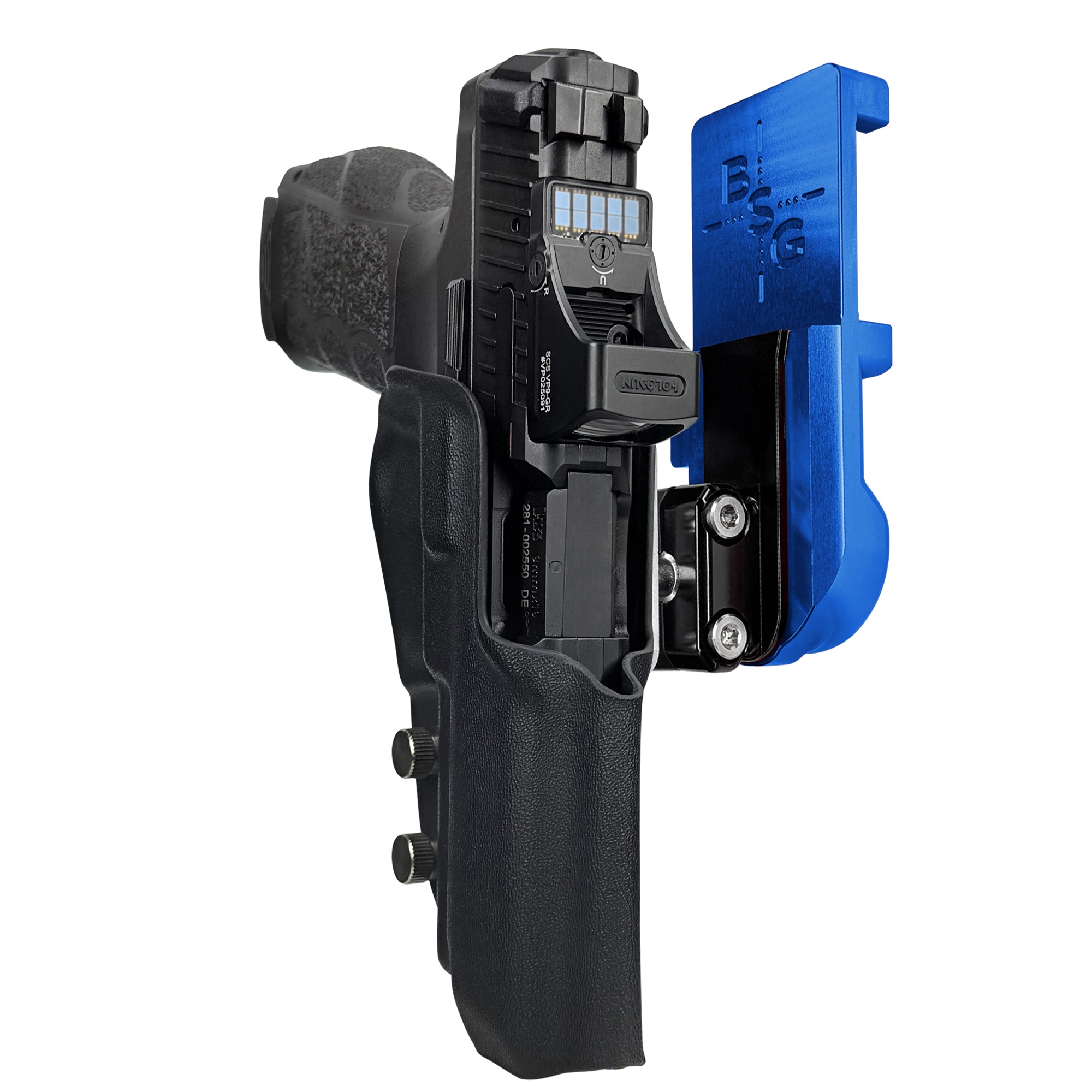 H&K VP9A1 F IPSC/USPA Quick Mount Ball Joint Holster with Blue Belt Attachment, Black Holster Shell