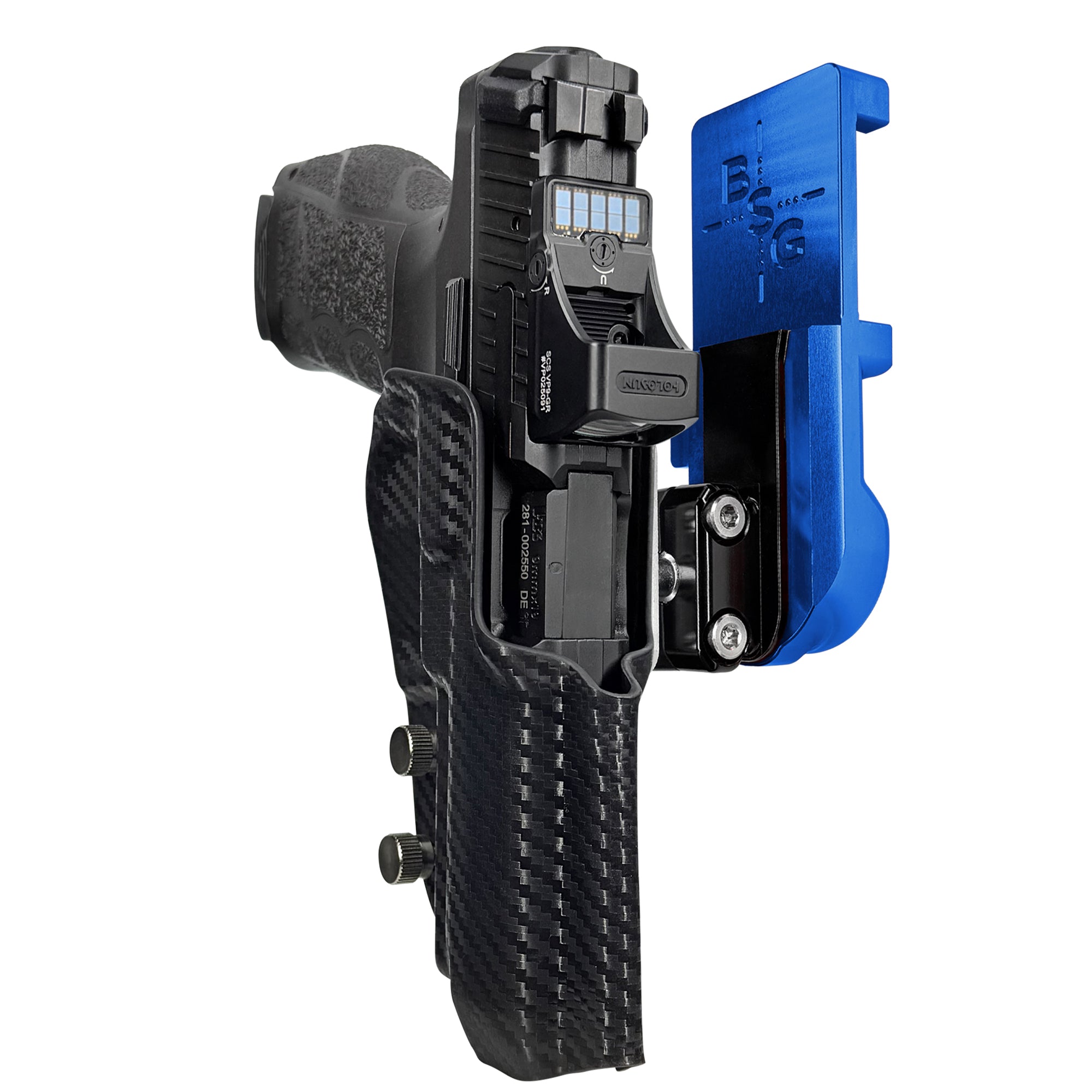 H&K VP9A1 F IPSC/USPA Quick Mount Ball Joint Holster with Blue Belt Attachment, Carbon Fiber Holster Shell