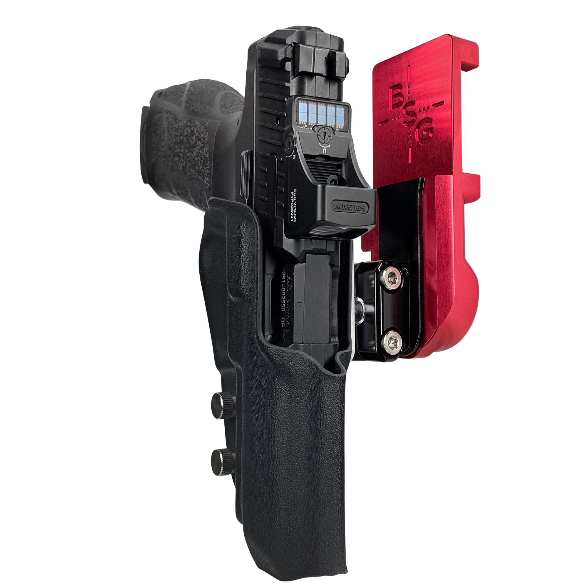 H&K VP9A1 F IPSC/USPA Quick Mount Ball Joint Holster with Red Belt Attachment, Black Holster Shell