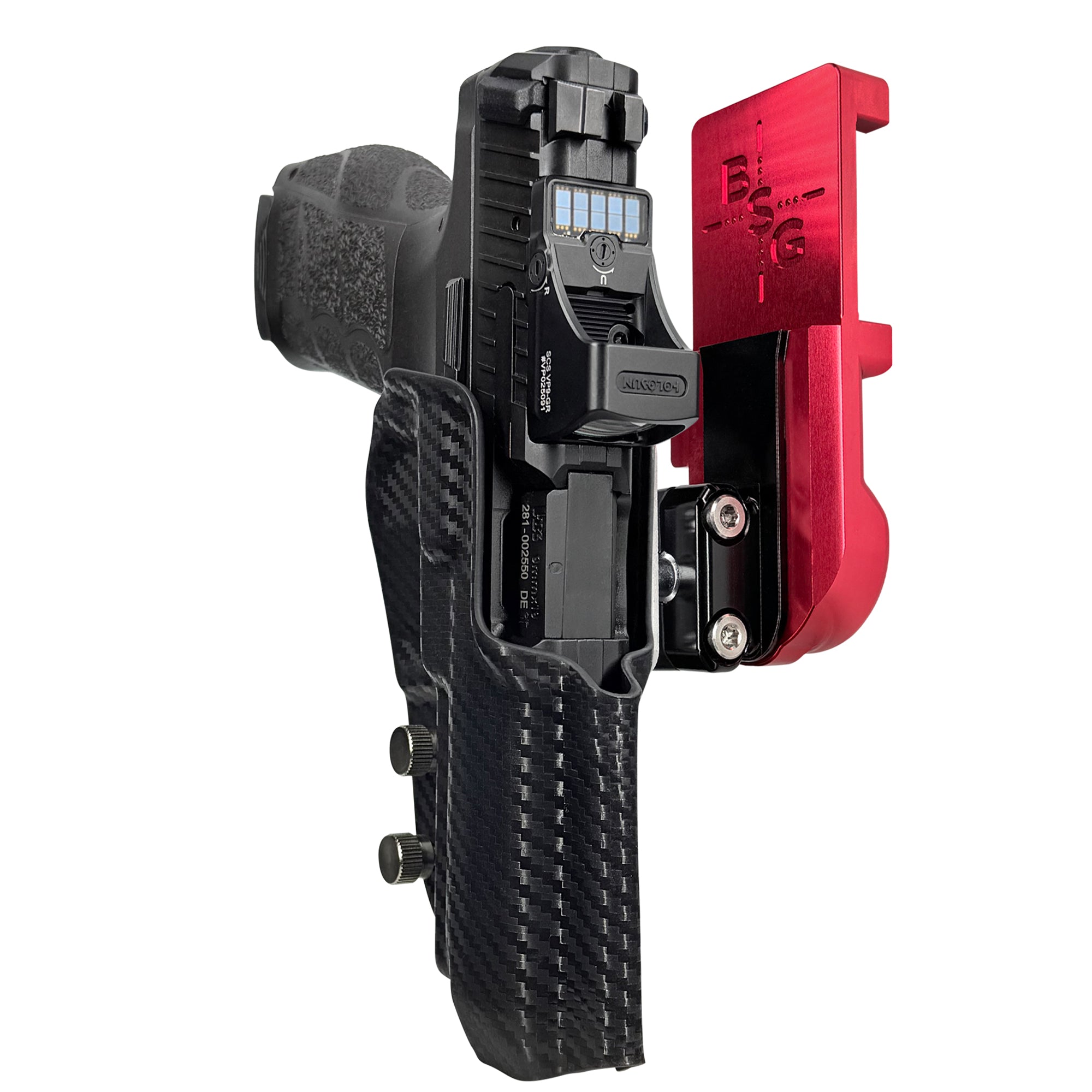H&K VP9A1 F IPSC/USPA Quick Mount Ball Joint Holster with Red Belt Attachment, Carbon Fiber Holster Shell