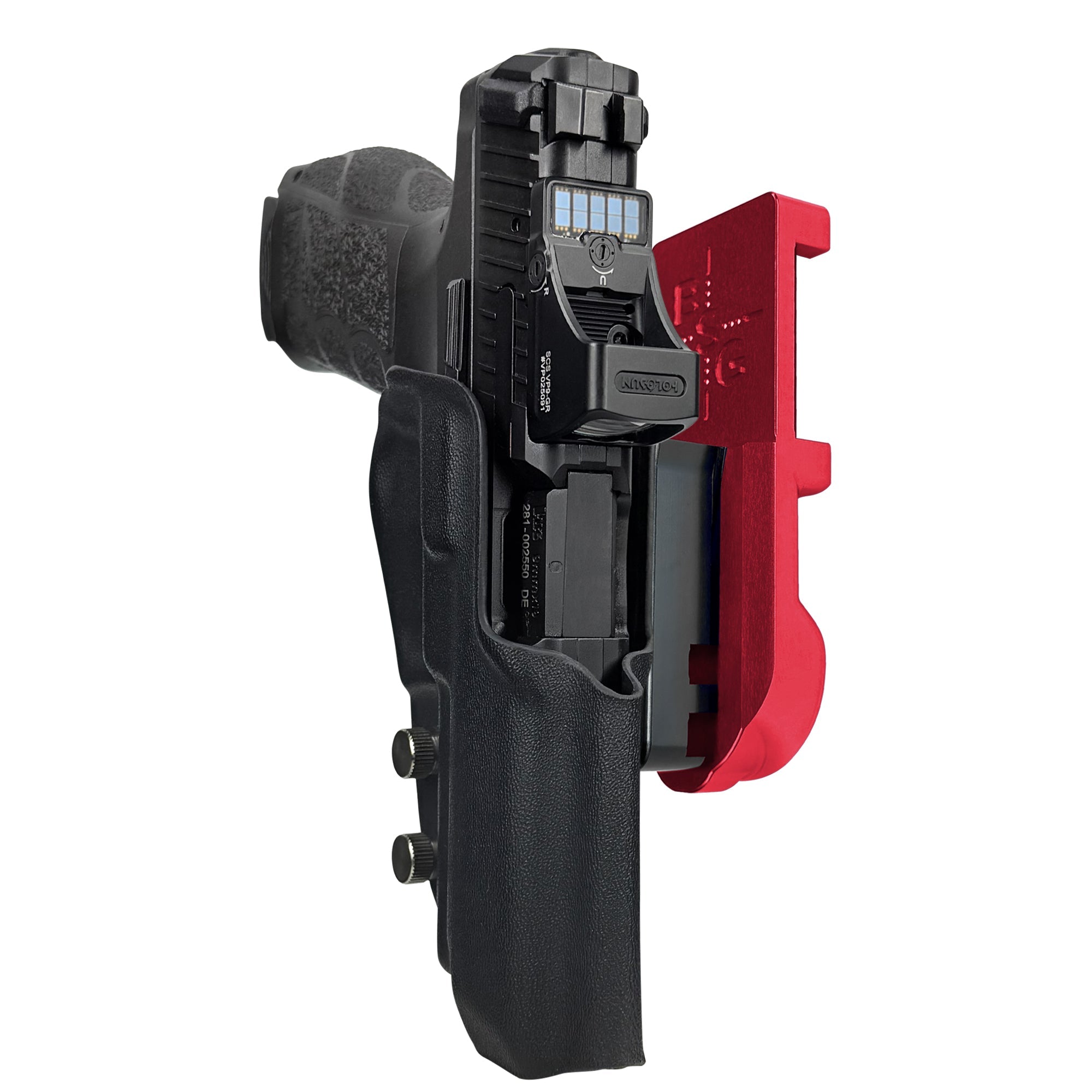 H&K VP9A1 F IPSC/USPA Quick Mount Holster with Red Belt Attachment, Black Holster Shell