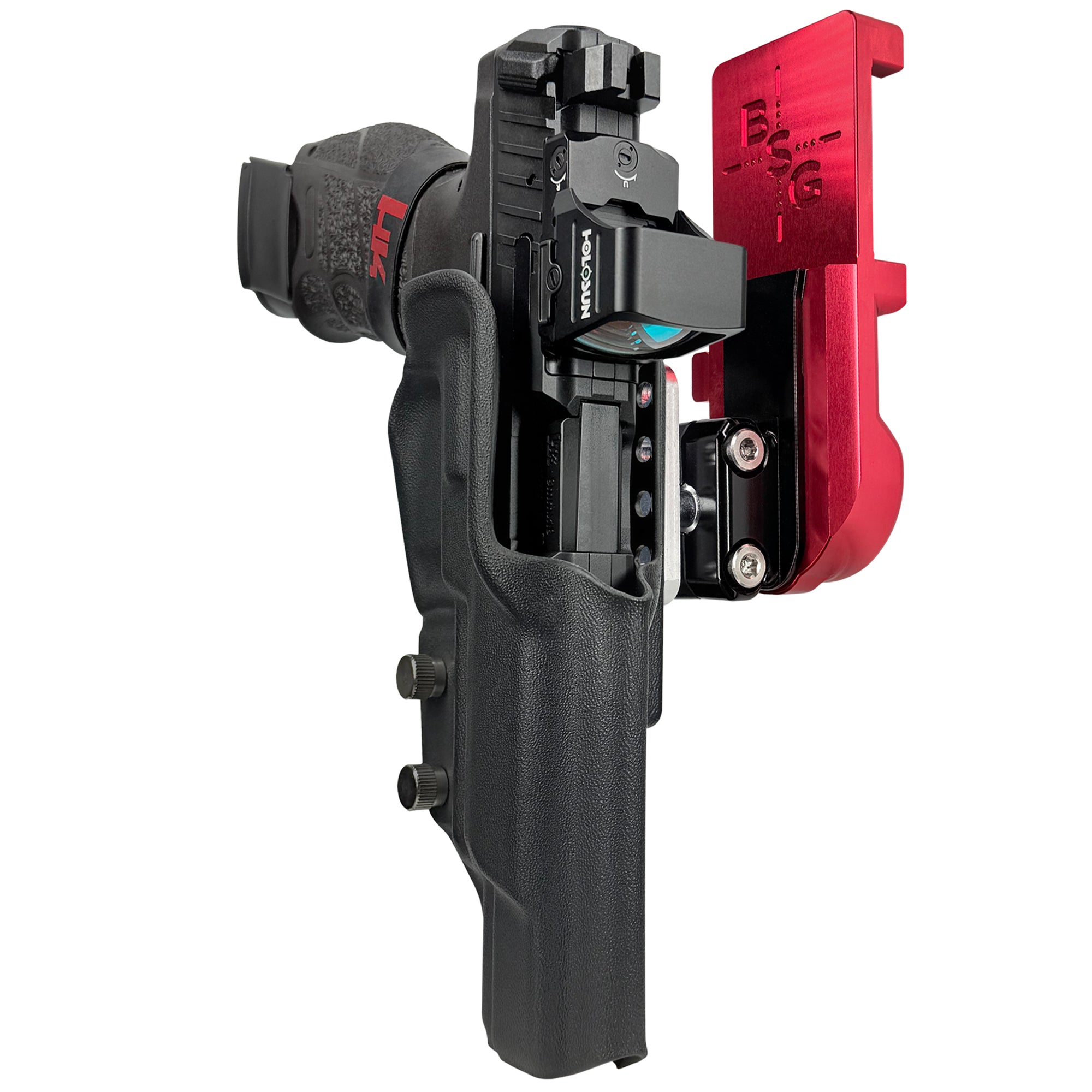 H&K VP9 Match IPSC/USPA Quick Mount Ball Joint Holster with Red Belt Attachment, Black Holster Shell