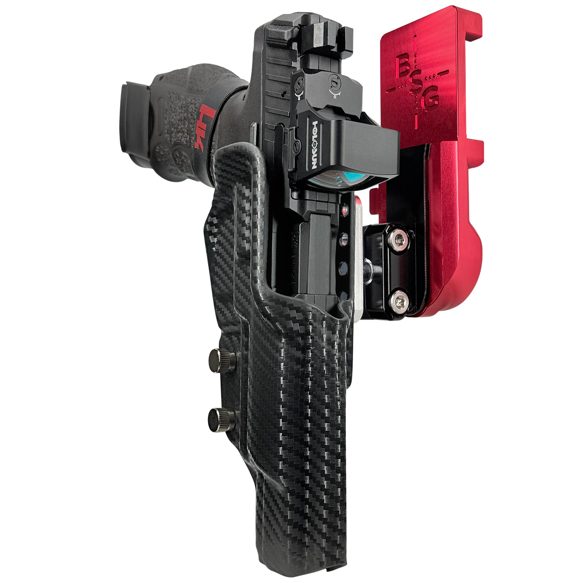 H&K VP9 Match IPSC/USPA Quick Mount Ball Joint Holster with Red Belt Attachment, Carbon Fiber Holster Shell