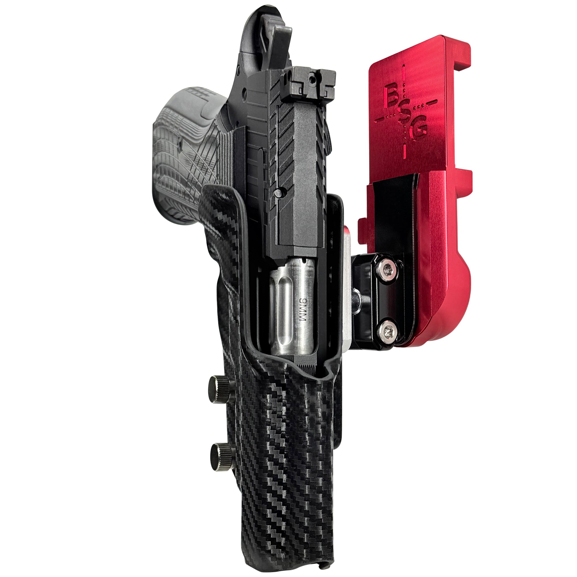 Kimber KDS9c No Rail IPSC/USPA Quick Mount Ball Joint Holster with Red Belt Attachment, Carbon Fiber Holster Shell