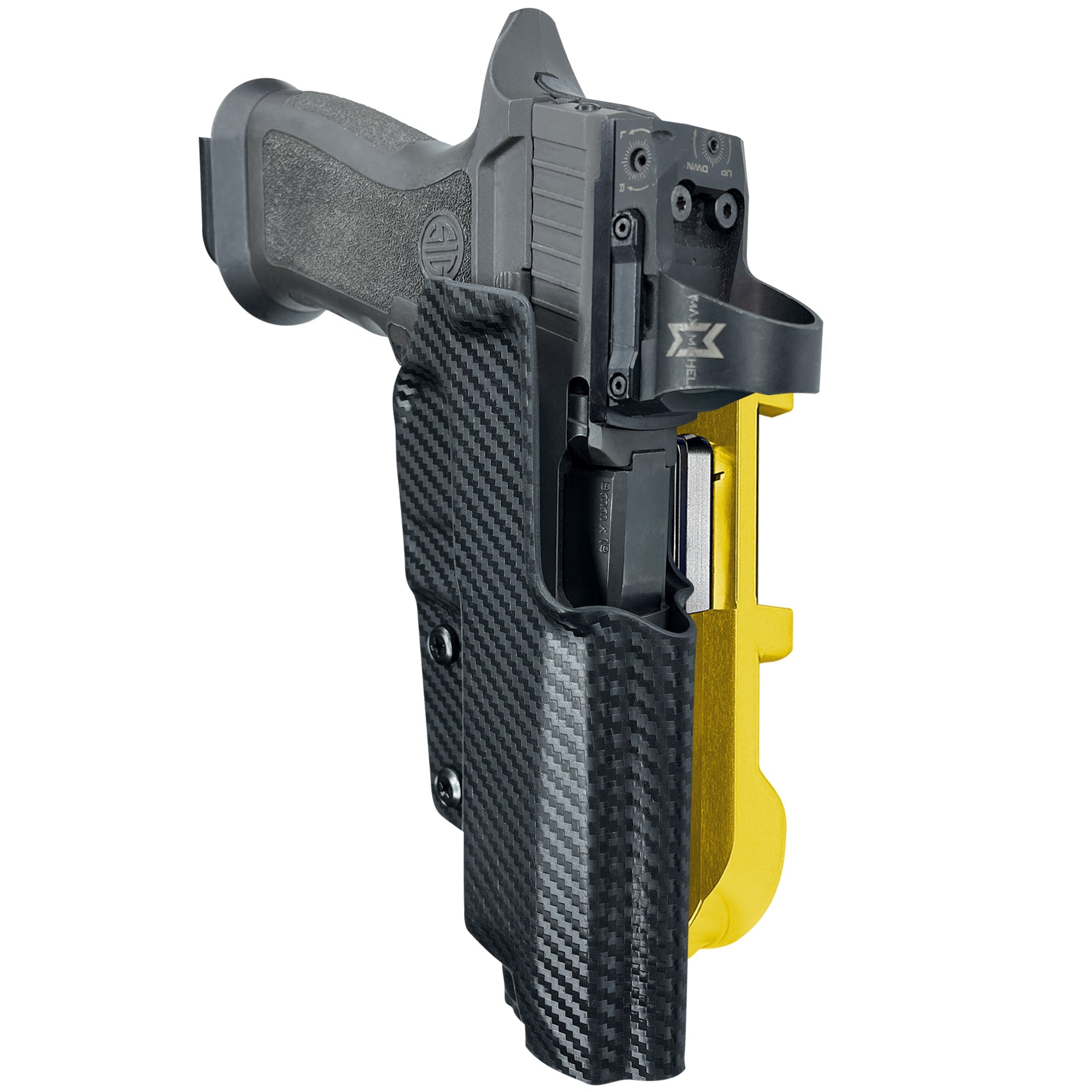 Sig P320 Full Size IDPA Quick Mount Holster with 24K Gold Belt Attachment, Carbon Fiber Holster Shell