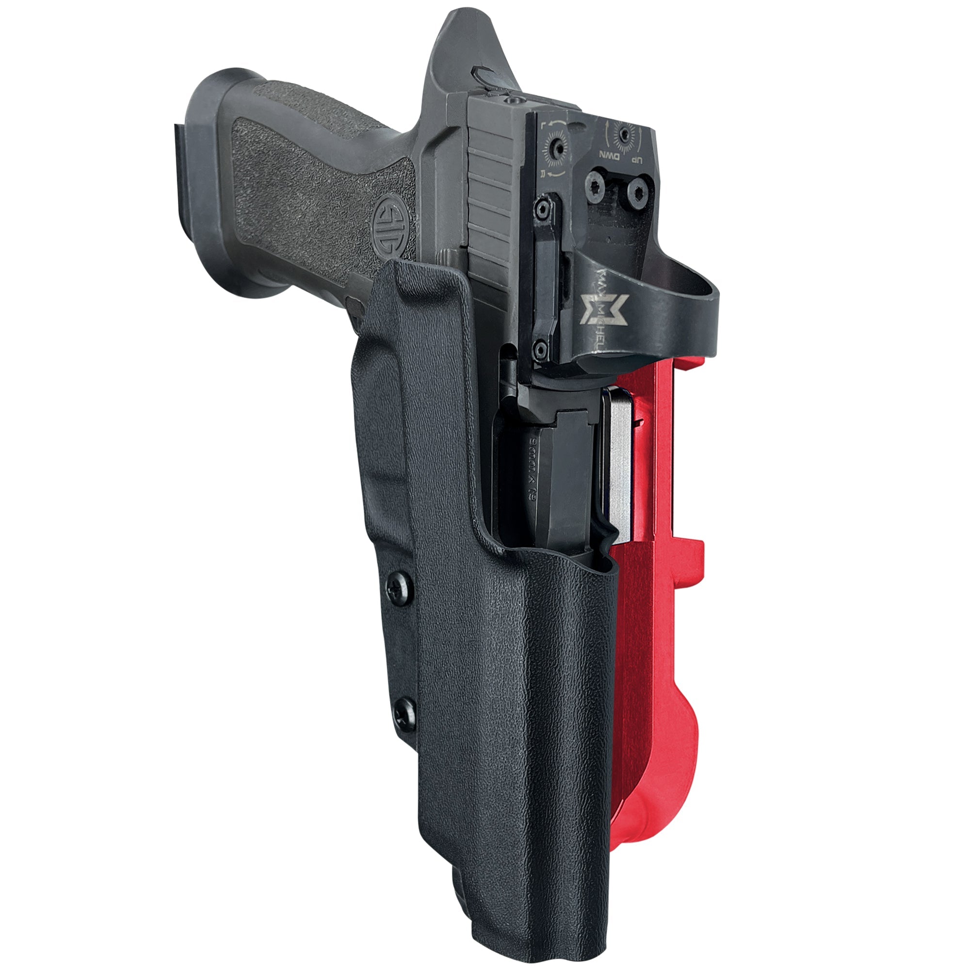 Sig P320 Full Size IDPA Quick Mount Holster with Red Belt Attachment, Black Holster Shell