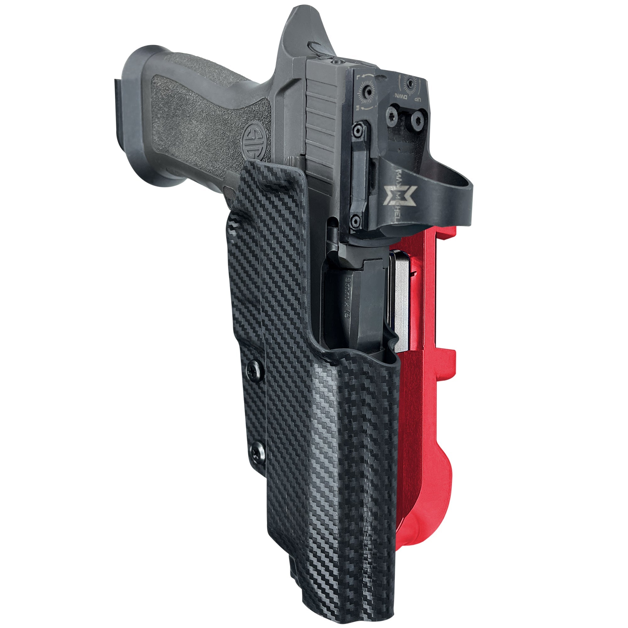 Sig P320 Full Size IDPA Quick Mount Holster with Red Belt Attachment, Carbon Fiber Holster Shell