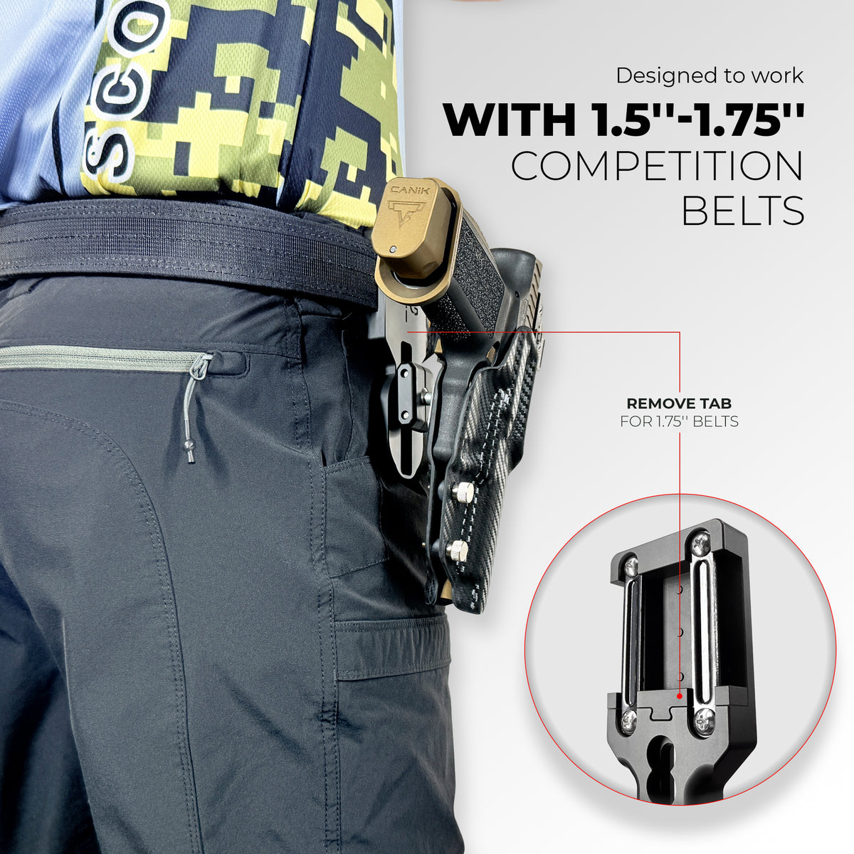 Pro Ball Joint Competition Holster: designed to work with 1.5 to 1.75 inch competition belts. Close-up of the holster and pistol worn on a shooter's belt, with an inset of the belt attachment showing the tab to remove for 1.75 inch belts.