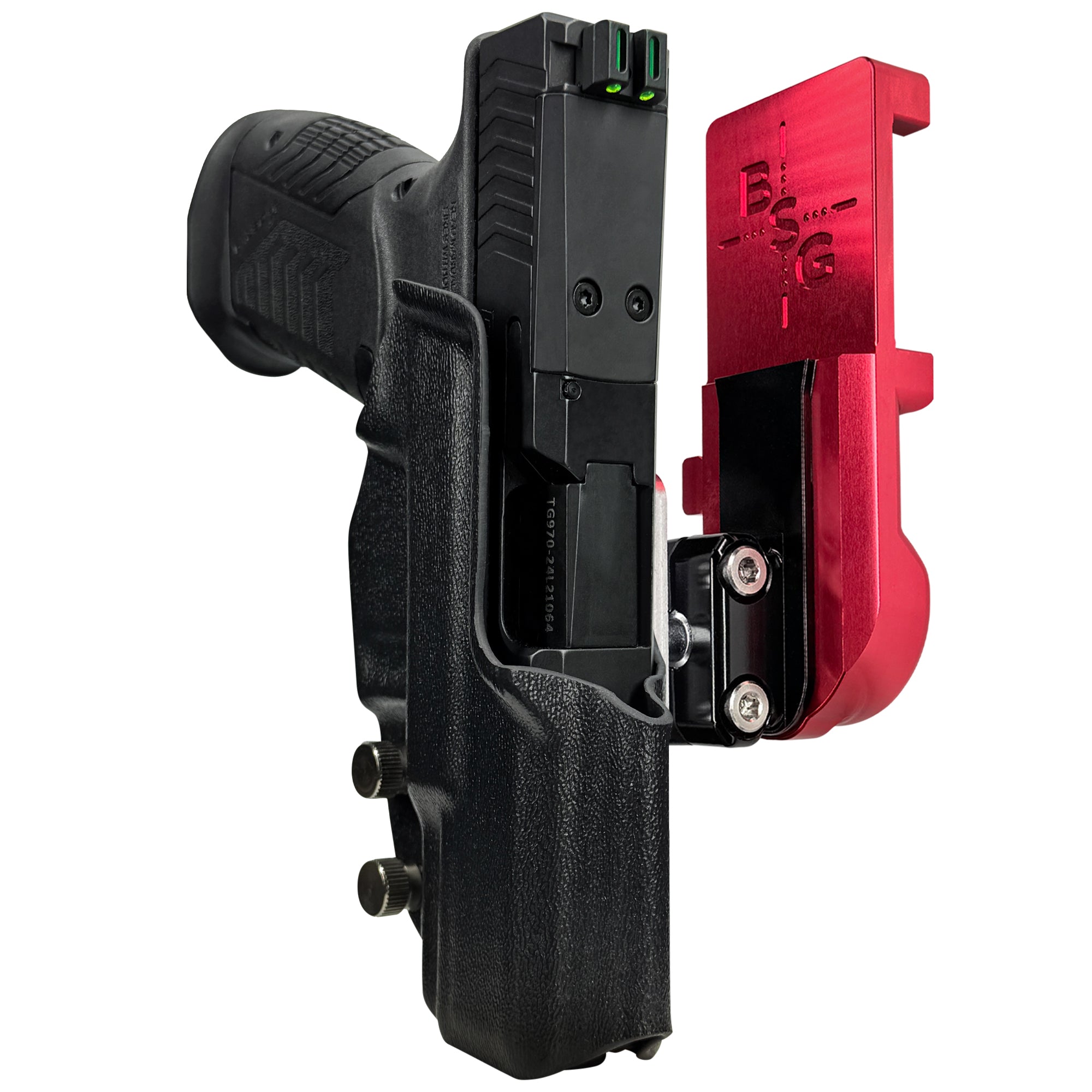 RIA Derya DY9 IPSC/USPA Quick Mount Ball Joint Holster with Red Belt Attachment, Black Holster Shell