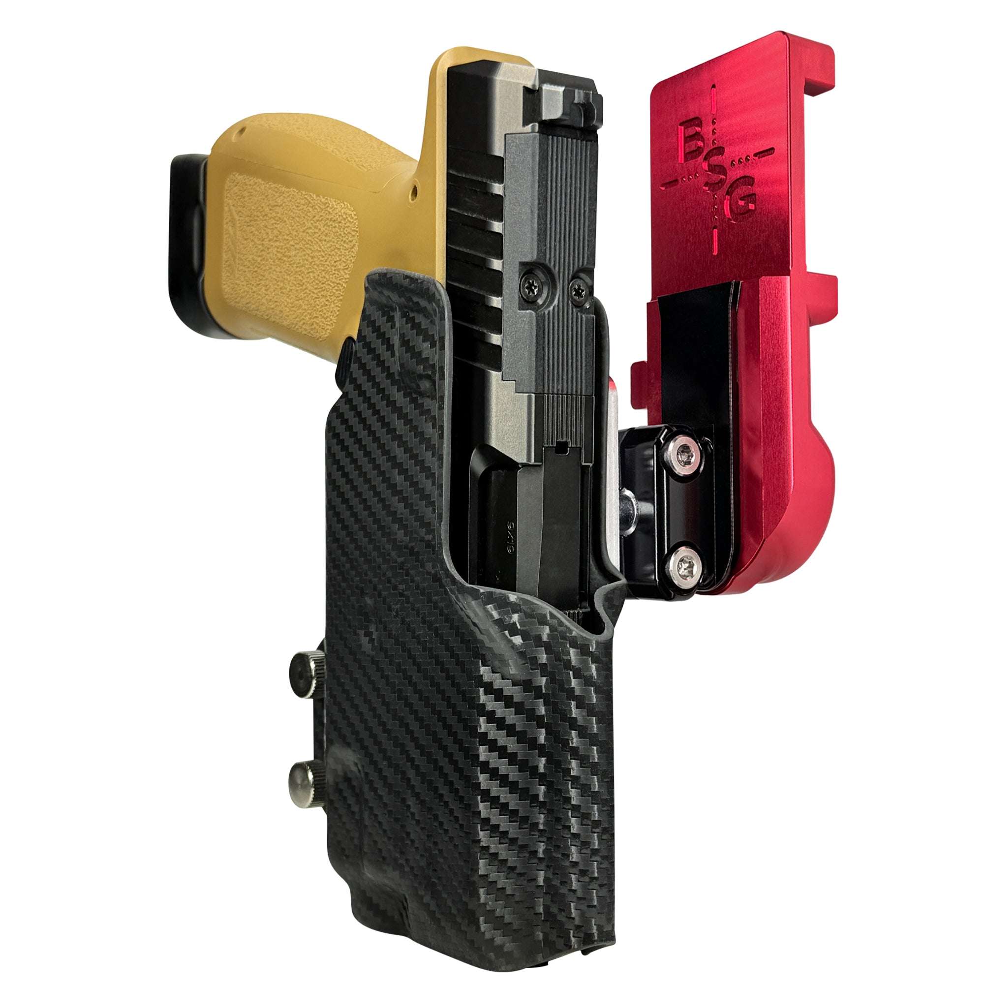 Rost RM1C w TLR7X IPSC/USPA Quick Mount Ball Joint Holster with Red Belt Attachment, Carbon Fiber Holster Shell